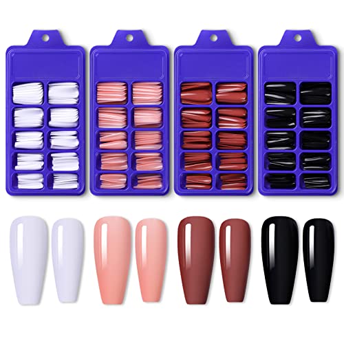 400PCS Long Coffin Press On Nails - Full Cover Fake Nails Kit with 4 Colors, Reusable & Easy to Apply - Perfect for Parties, Weddings, Date Nights & Special Occasions