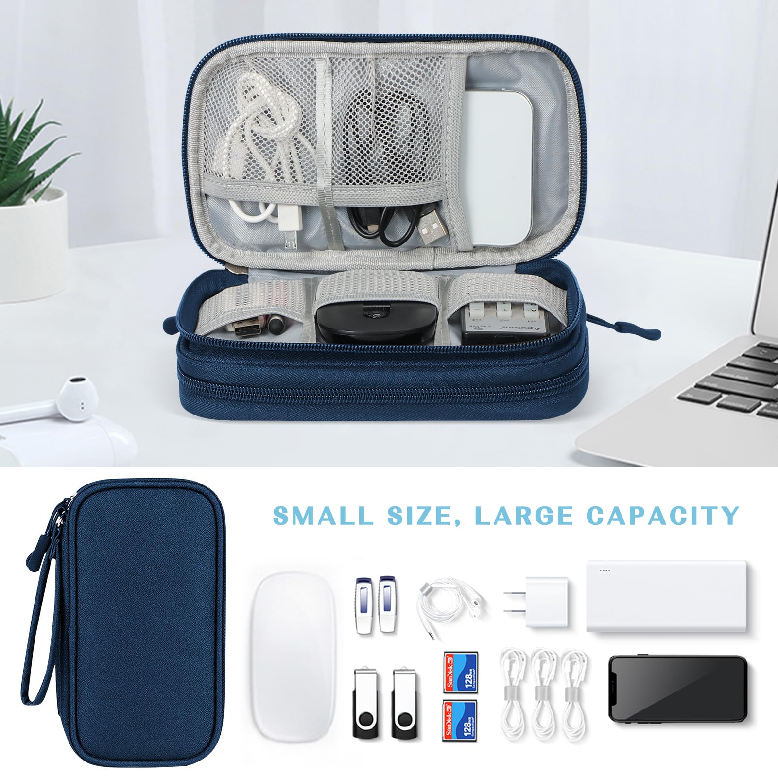 FYY Electronic Organizer Bag - Waterproof Travel Cable Organizer Pouch with Double Layers for Charger, Phone, Earphone, Cord Storage - Medium Size Navy - Perfect for Travel, Office & Daily Commute