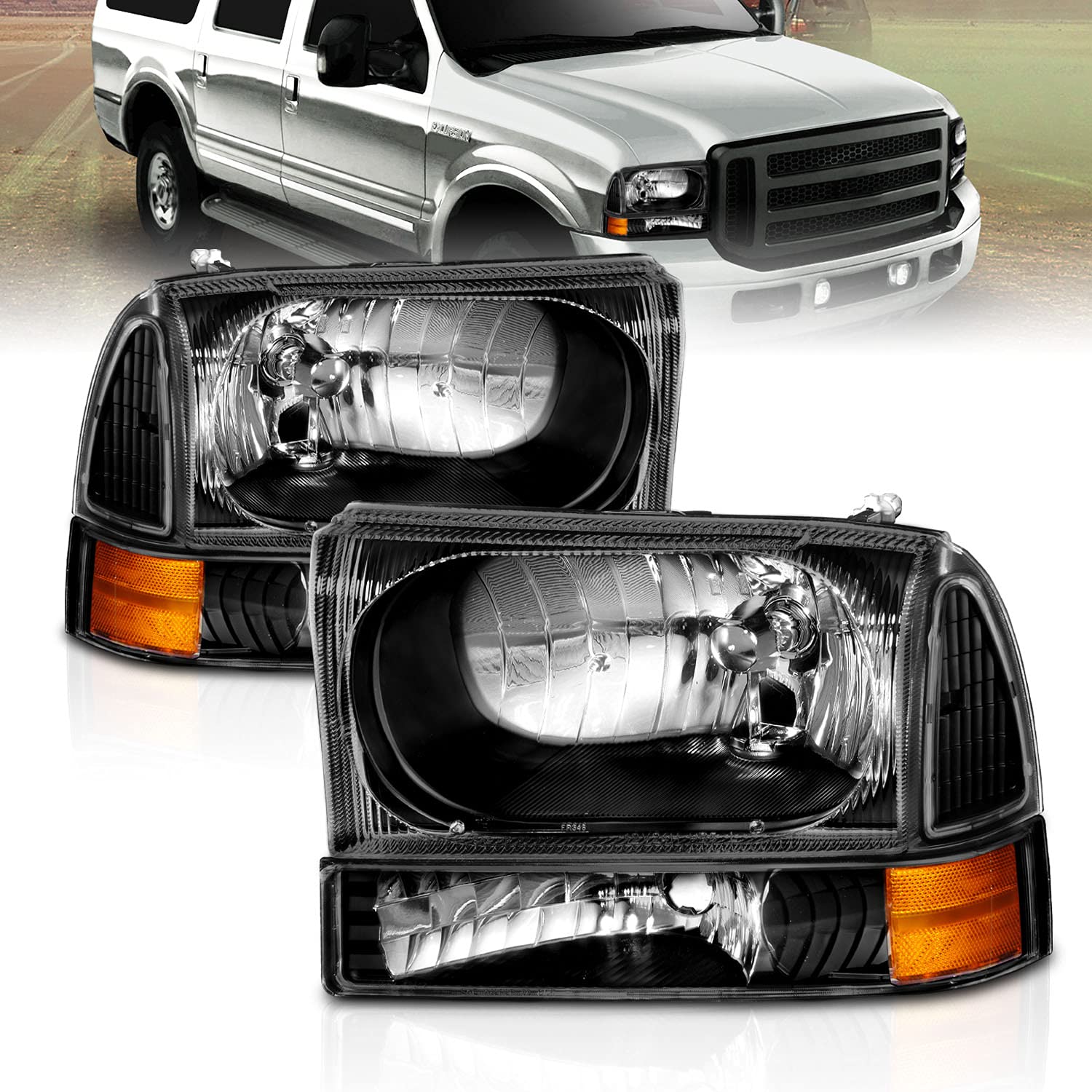 AmeriLite OE Black Headlights Set for Ford Excursion/Super Duty Trucks 1999-2004 - Upgrade Your Night Driving