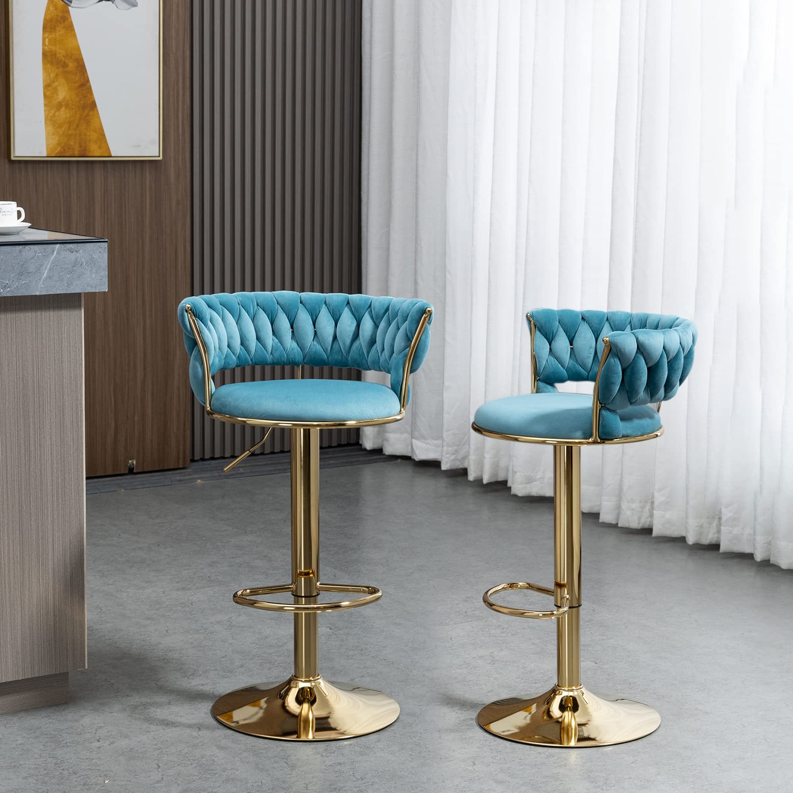 Modern Velvet Swivel Bar Stools with Back & Footrest - Adjustable Counter Height Bar Chairs Set of 2 for Kitchen, Dining Room, Bar - Cyber Celebrity Recommended Home Decor for Entertaining & Small Spaces