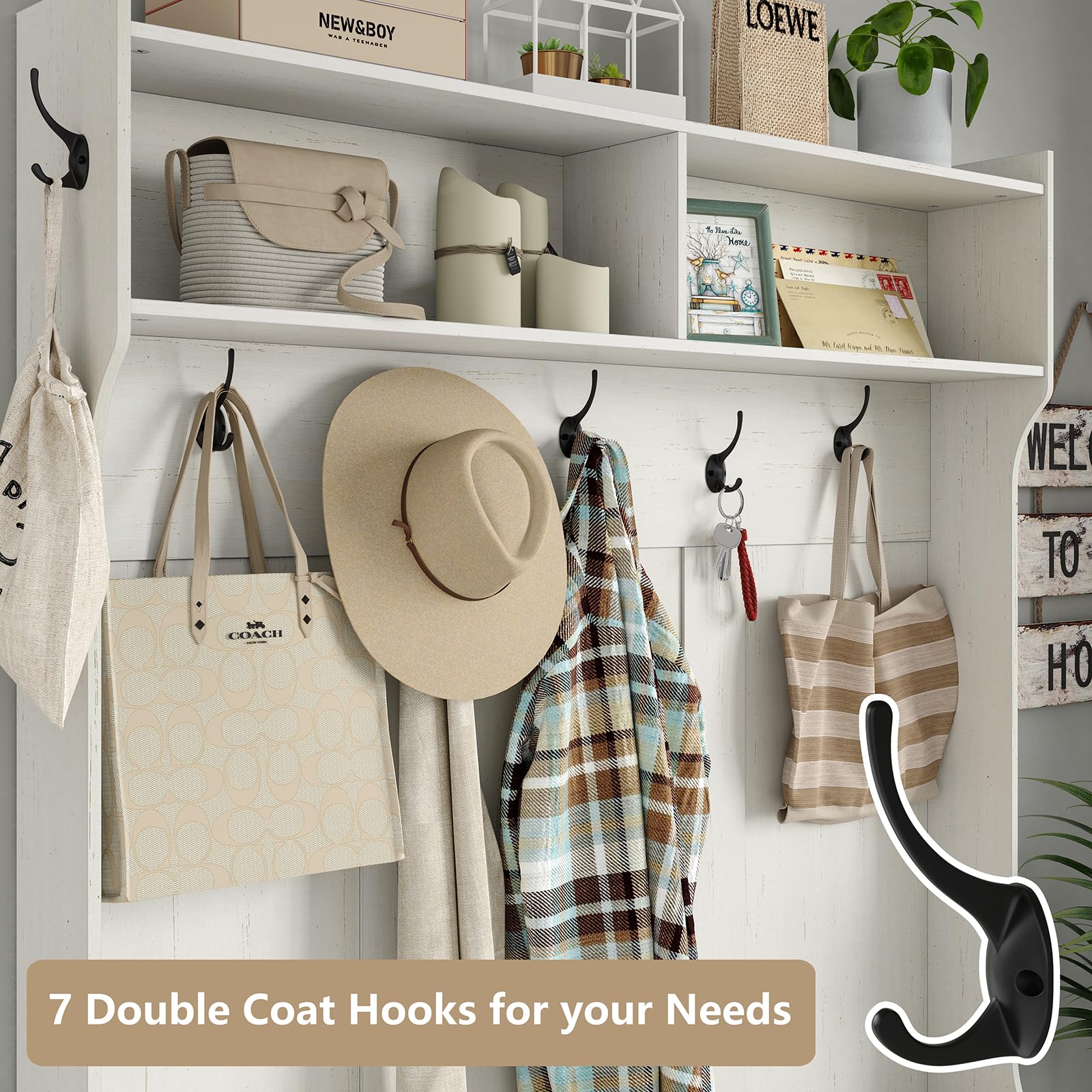 Farmhouse Style Hall Tree with Coat Rack & Shoe Storage - White Entryway Bench with 7 Hooks, 10-Shoe Organizer & Adjustable Shelf - Perfect for Mudroom, Foyer or Entryway Organization