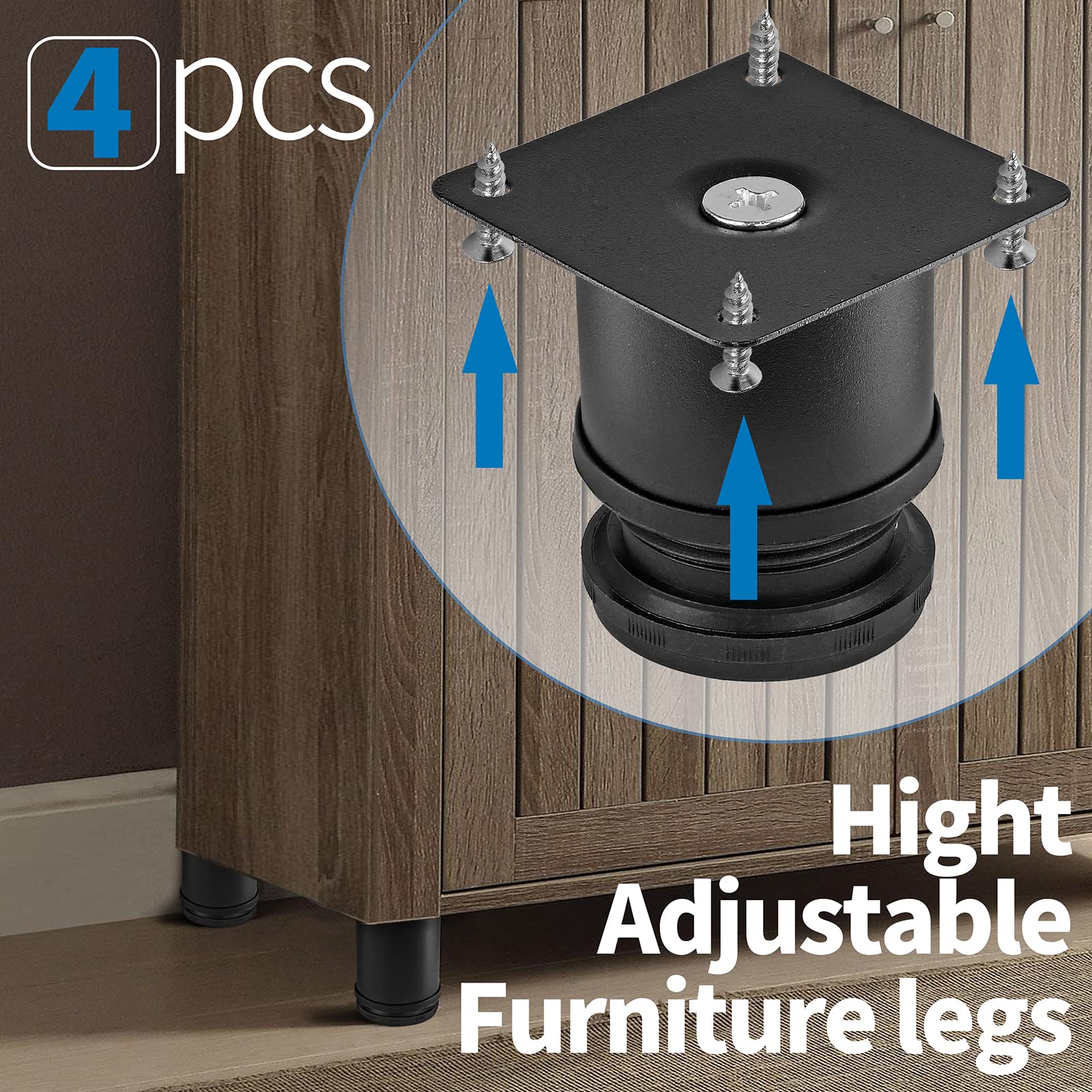 2.5 Inch Adjustable Stainless Steel Metal Furniture Legs - Round Black Cabinet Legs for Coffee Table, Desk, Sofa & Shelves (Pack of 4) - Perfect for Modern Home & Office Furniture Upgrades