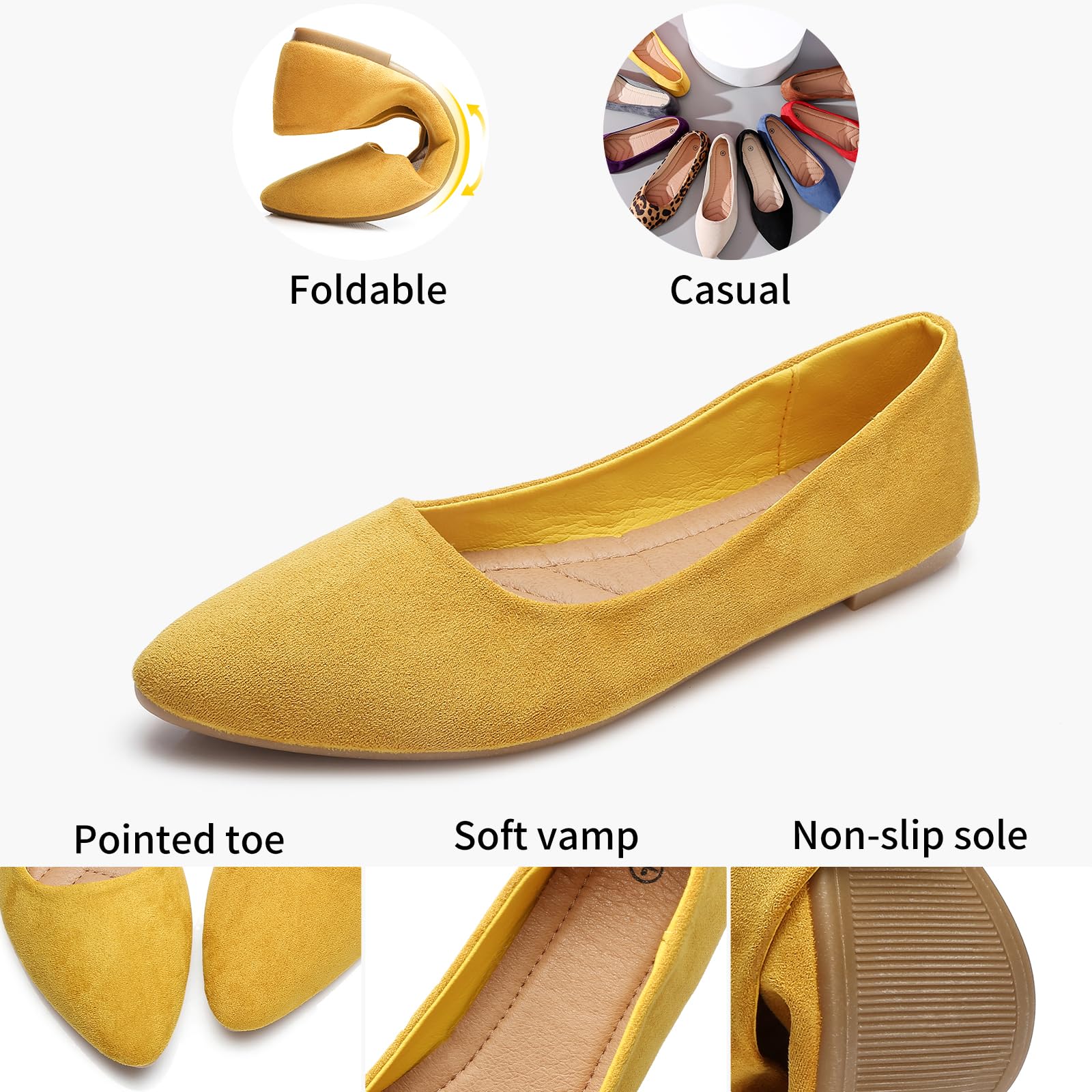 HEAWISH Women's Black Suede Pointed Toe Ballet Flats - Comfortable Slip On Dress Shoes for Work, Office & Casual Outfits | Nude & Black Color Options