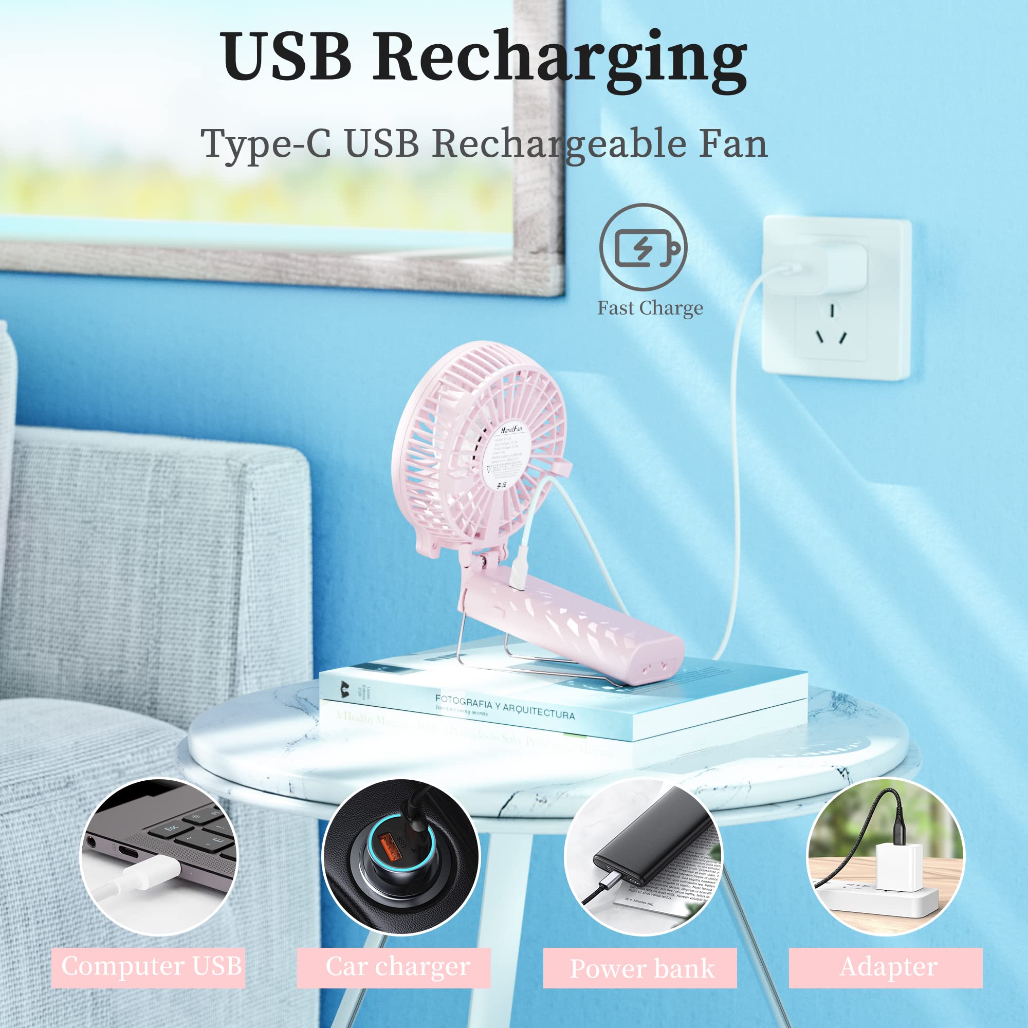 5200mAh Rechargeable Handheld Fan - 20 Hours Runtime, 3-Speed Strong Airflow, 180° Foldable Portable Personal Fan for Travel, Summer, Concerts, Lash Extensions | Perfect Gift for Women (Cherry Pink) | Stay Cool at Outdoor Events, Beach Trips & Beauty Salons