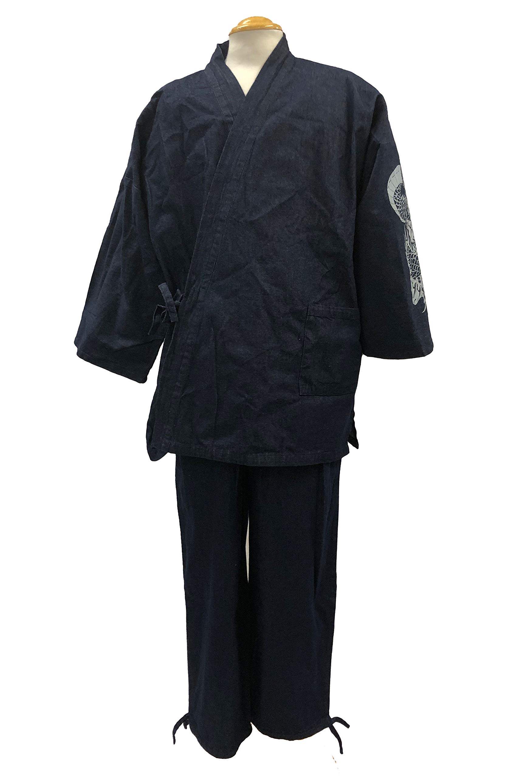 100% Cotton Japanese Denim Samue - Traditional Pattern Printed Workwear for Meditation, Yoga, and Casual Wear