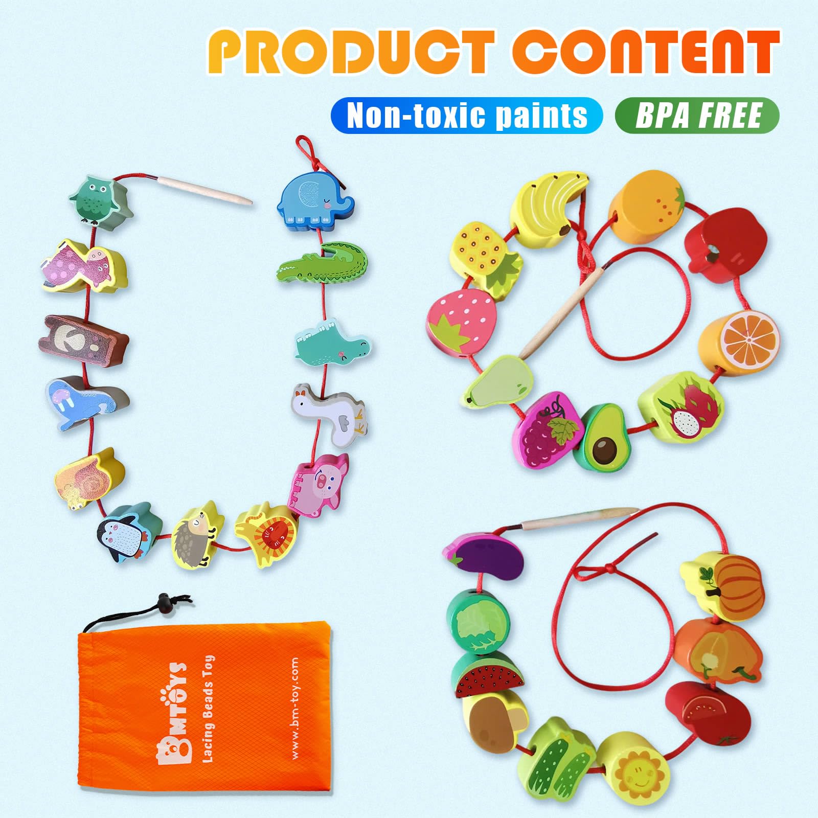 BMTOYS Montessori Wooden Threading Toys for Toddlers - Farm Animals & Fruits Lacing Beads, Fine Motor Skills Learning Toy for 3 4 5 Year Old Boys Girls - Perfect for Preschool Classroom & Home Educational Play