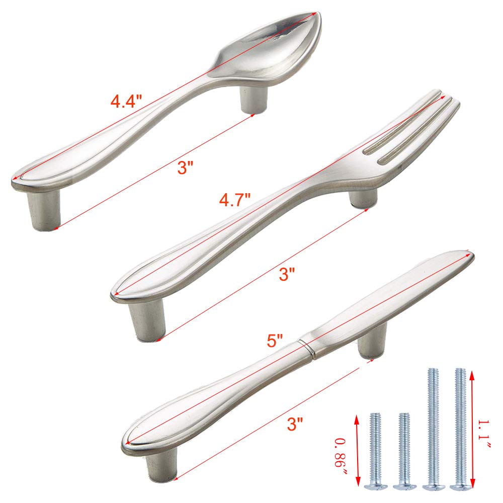CENGOOD 3-Pack Silver Cabinet Pulls - Spoon Knife Fork Shaped Door Handles with 3