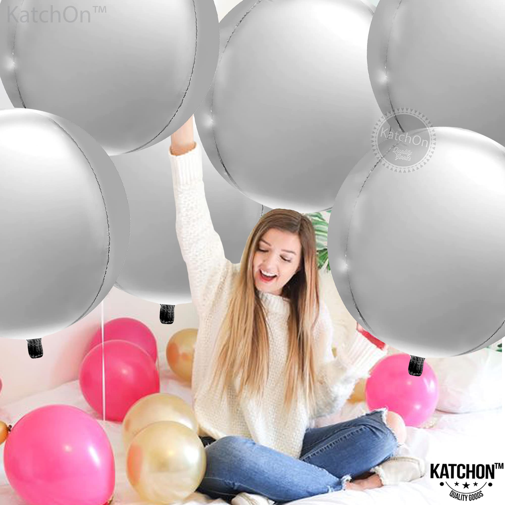 KatchOn 22 Inch Large Silver Balloons (Pack of 6) | 4D Round Metallic Mylar Balloons for Birthday & Bachelorette Party Decorations | Premium Silver Foil Balloons for Weddings, Baby Showers & Special Events