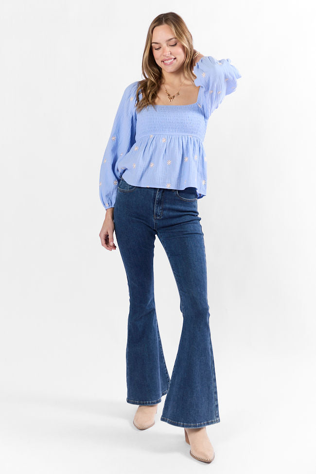 Darling Days Blue Floral Embroidered Gauze Top - Women's Boho Chic Blouse for Summer, Beach, and Casual Outings