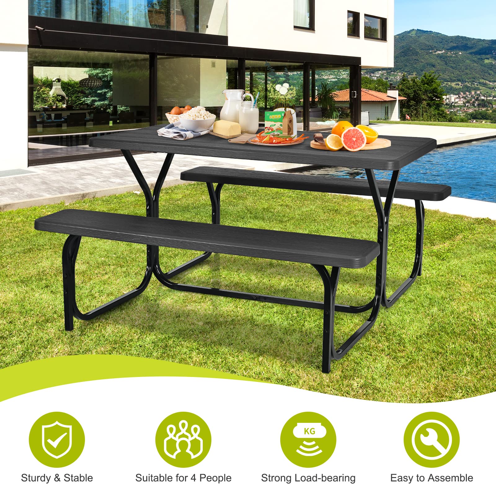 HappyGrill Outdoor Picnic Table Set with Steel Frame & Durable Plastic Table Top - Perfect for Garden, Backyard, Patio, and Camping Use