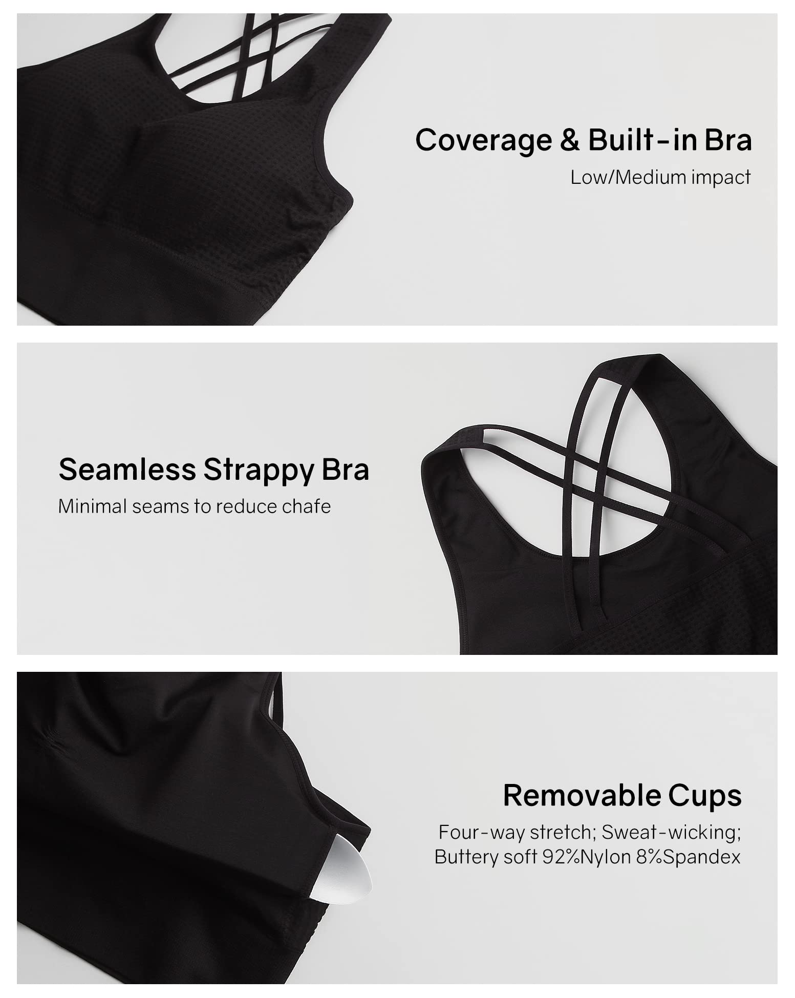 Women's Seamless Longline Strappy Sports Bra - Medium Support Yoga Bra with Removable Cups for Running, Workout & Gym