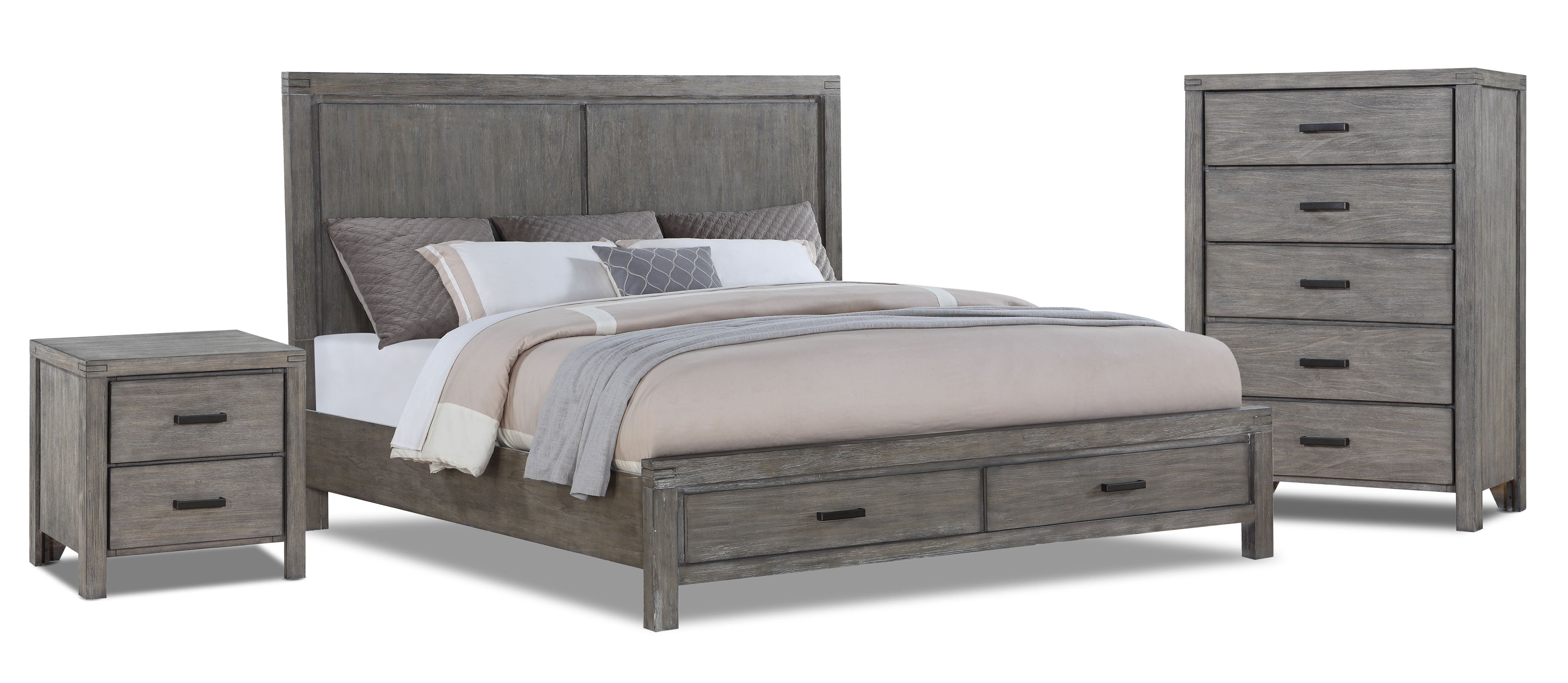 Copeland 5-Piece King Size Storage Bedroom Set - Wire Brushed Grey Finish - Perfect for Small Space Organization & Modern Bedroom Decor