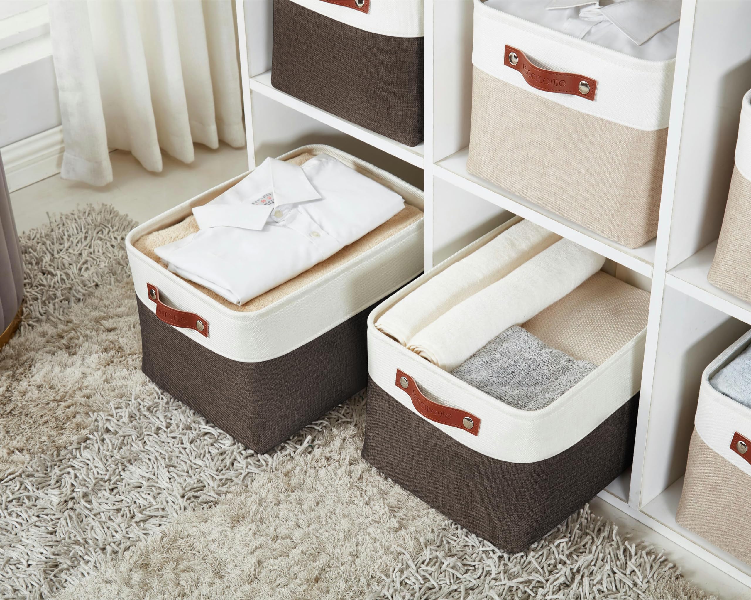 DECOMOMO Fabric Storage Bins - Large 4-Pack Brown & White Baskets for Shelves, Closet Organization, Toys, Nursery | Perfect for Home, Office & Kids Room Storage Solutions