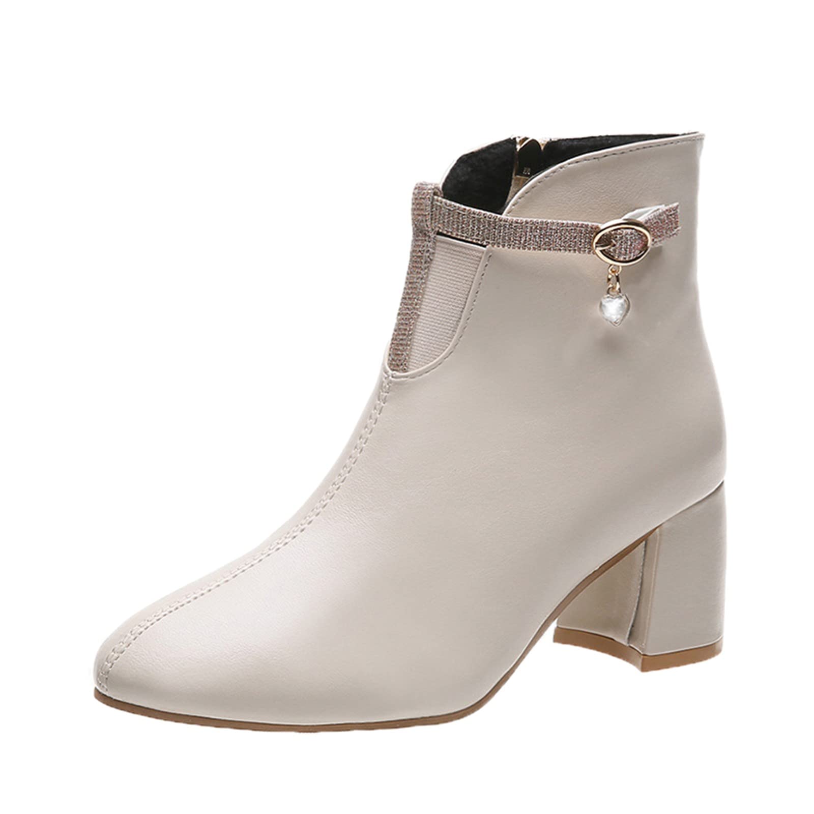 Women's Low Heel Chunky Boots with Zipper - Retro Breathable Thermal Winter Boots for Women - Fashion Short Sequin Boots for Casual Wear, Office & Night Out