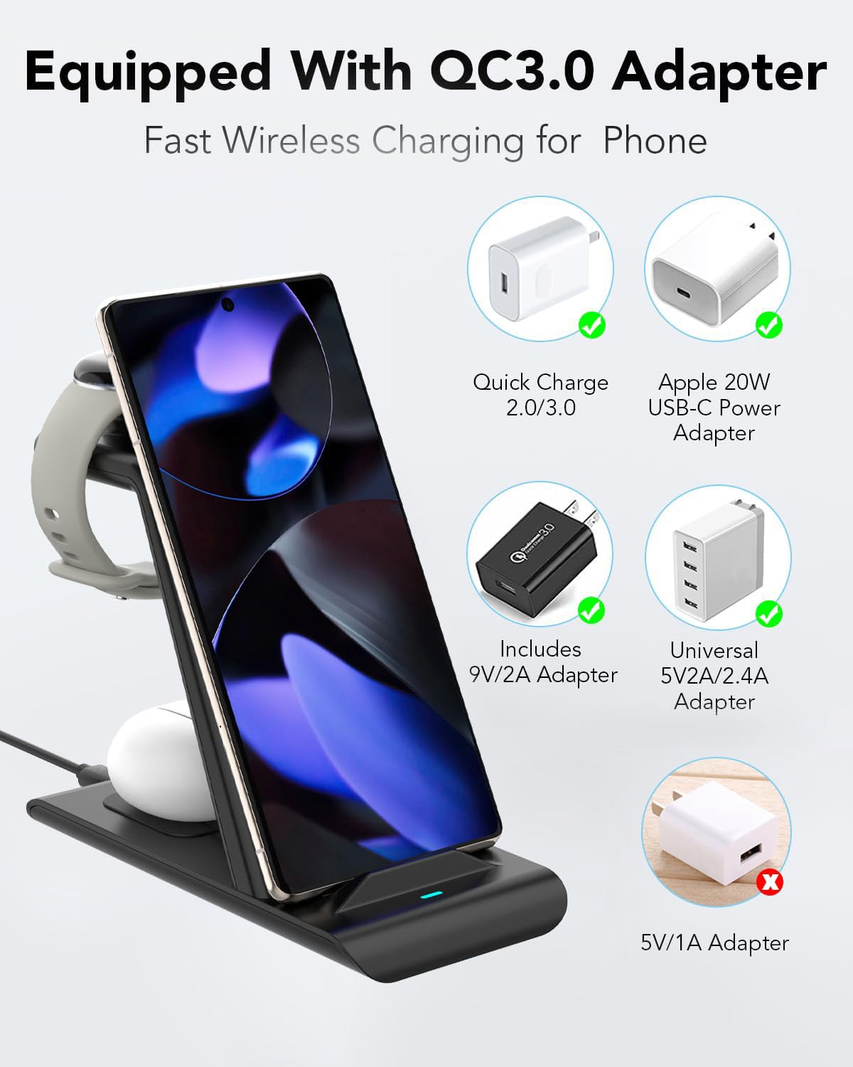 HATALKIN 3-in-1 Wireless Charging Station for Google Pixel Watch 3/2, Pixel 9/8/7/XL & Pixel Buds Pro/2 - Fast Wireless Charger Stand with Adapter for Multiple Devices (Not for Pixel Watch 1) | Perfect for Home, Office & Travel Charging