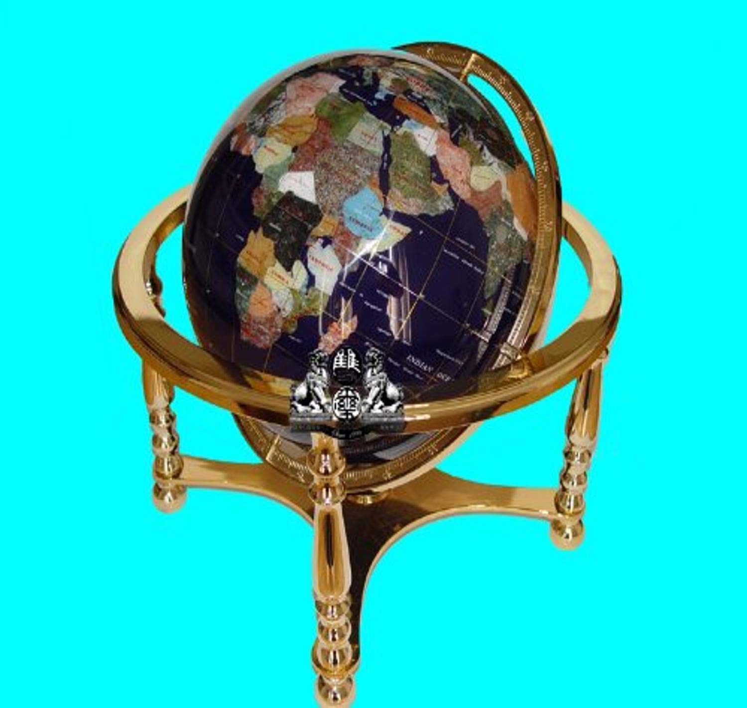 21-Inch by 13-Inch Blue Lapis Ocean Gemstone World Globe with Gold 4-Leg Table Stand - Unique Art Decor for Home Office, Living Room & Gift