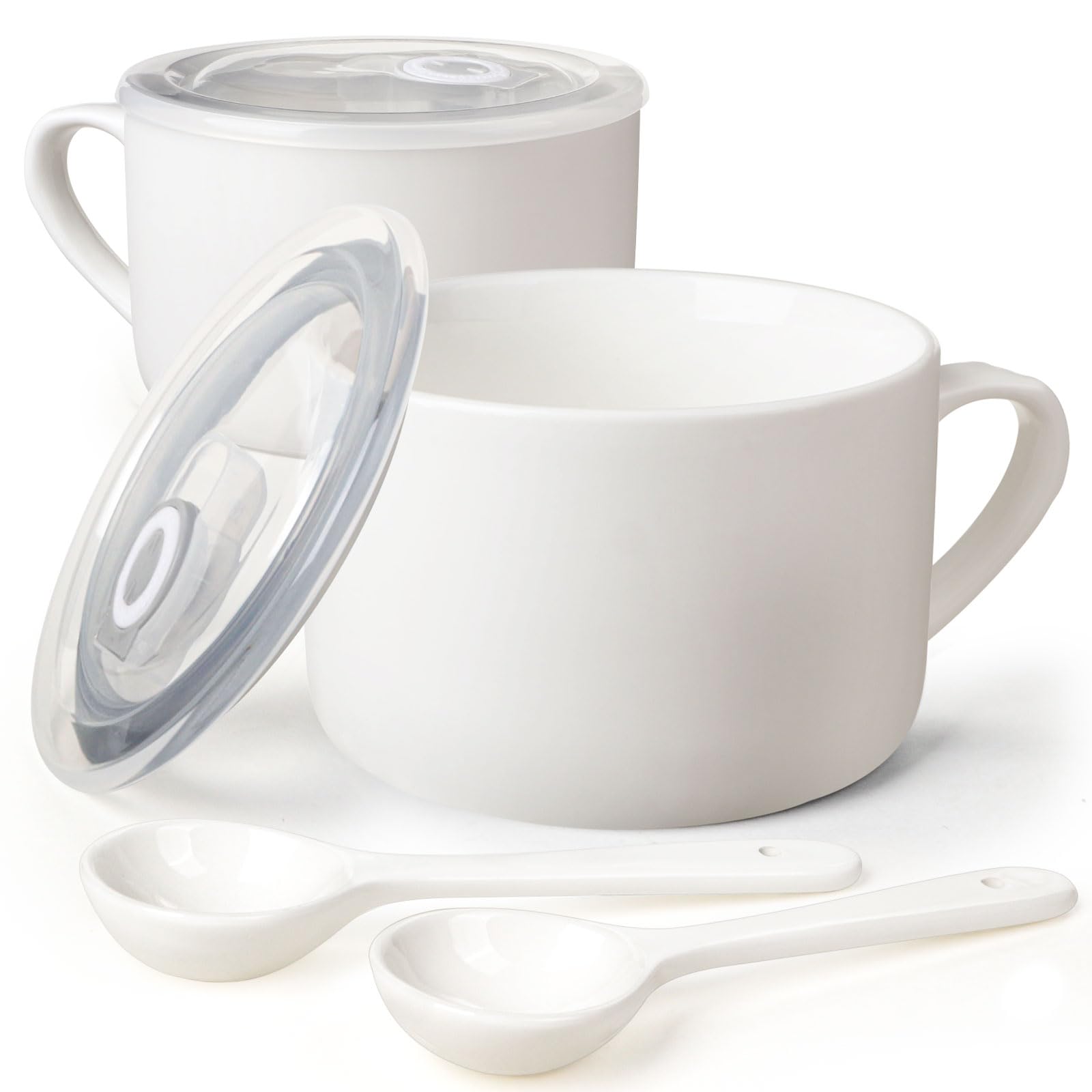 30oz Ceramic Soup Bowls with Handles & Spoons - Large Ramen Noodle Bowls with Lids - Perfect for Instant Noodles, Oatmeal & Cereal - Microwave & Dishwasher Safe - Set of 2 White Soup Mugs for Home, Office & Restaurant Use