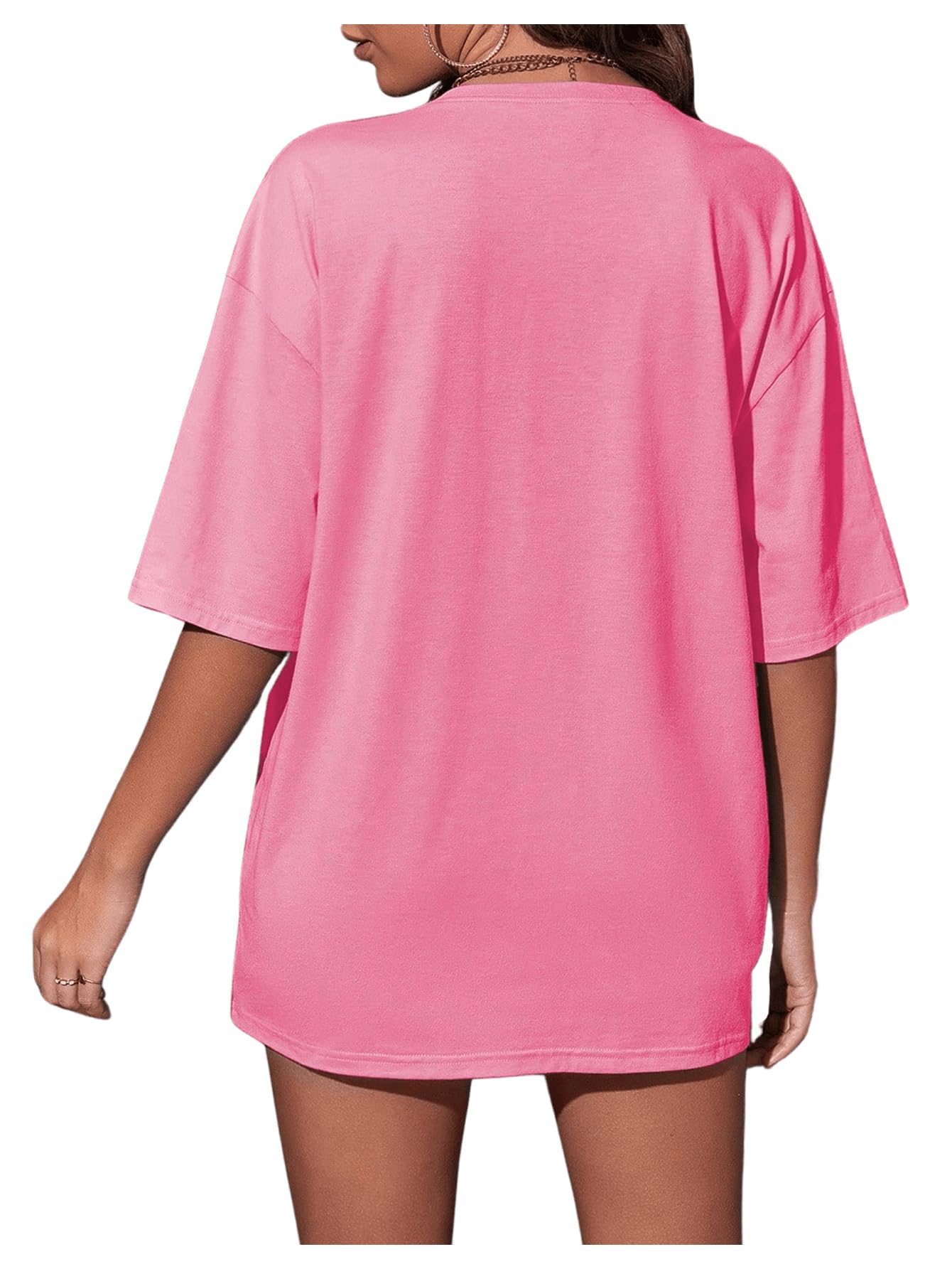 SOLY HUX Women's Oversized T-Shirt - Letter Print Casual Summer Graphic Tee - Pink Medium Size - Perfect for Streetwear, Beach Outfits & Everyday Comfort