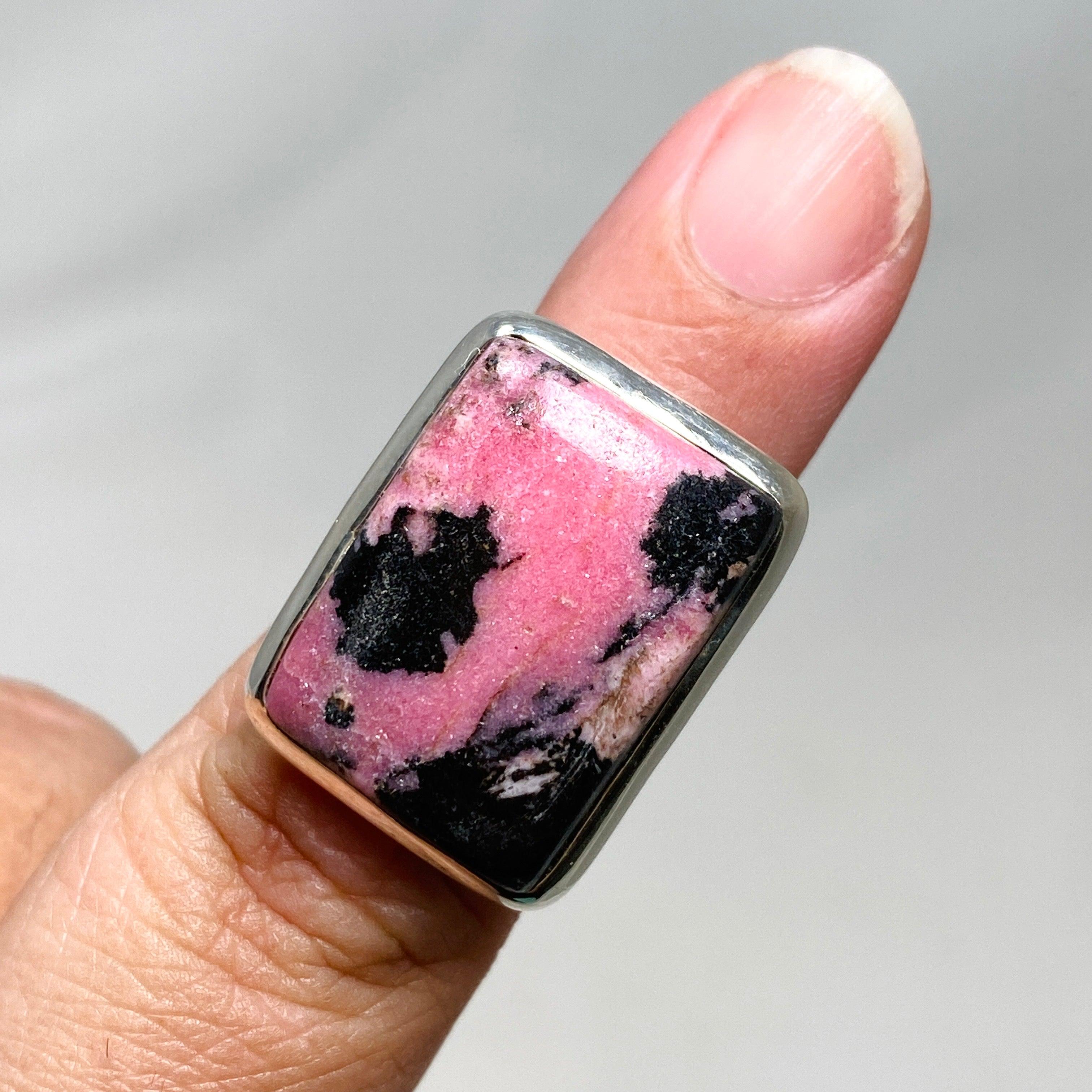 Rhodonite Rectangle Split Band Ring for Women - Size 6 Sterling Silver Healing Stone Jewelry KRGJ3211 | Gift for Her, Meditation, Energy Balancing