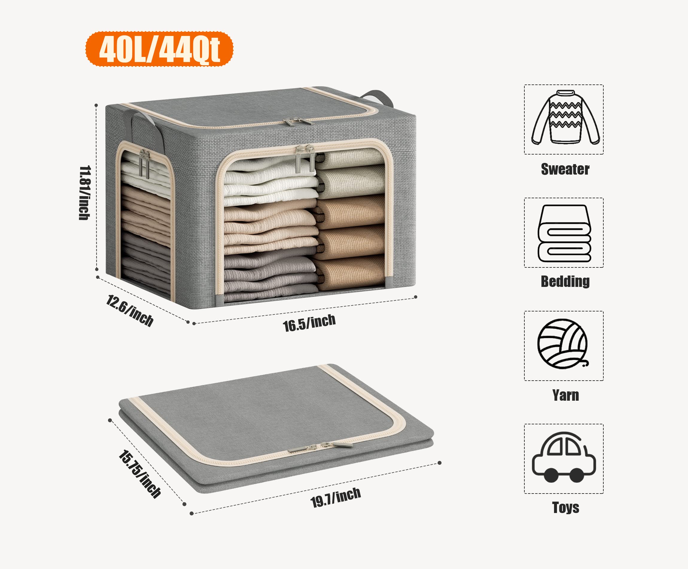 3-Pack Foldable Clothes Storage Bins with Metal Frame & Clear Window - 40L Linen Storage Box with Lid, Zippers & Durable Handles (Light Grey) - Perfect for Closet Organization, Seasonal Clothing Storage & Bedroom Decor