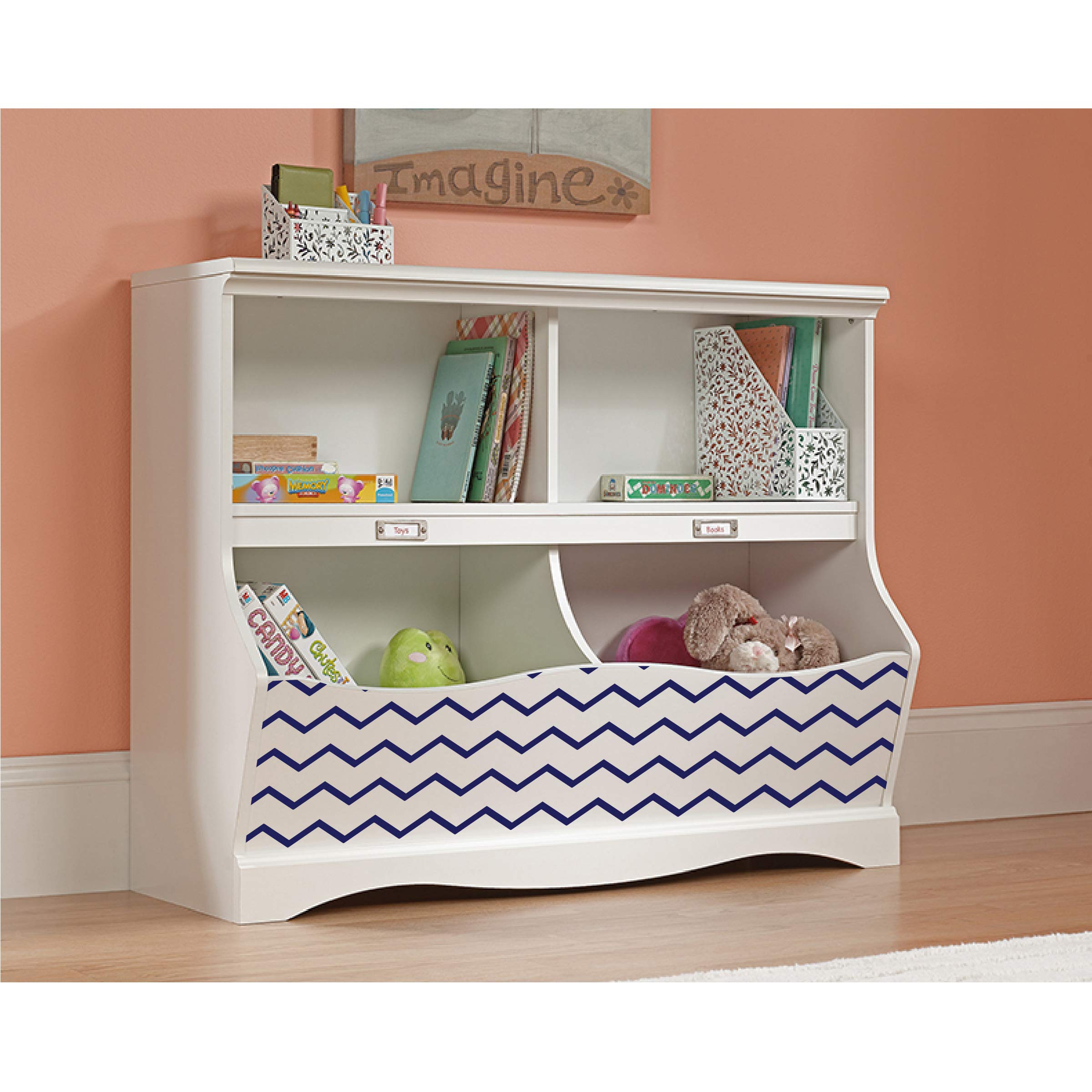 LifeSong Milestones Bookcase Footboard with Cubbyhole - Kids Book Storage Organizer & Toy Shelf for Nursery, Playroom, Bedroom - Soft White Chevron Design (Navy) - Perfect for Organizing Toys, Books & Decor in Children's Rooms