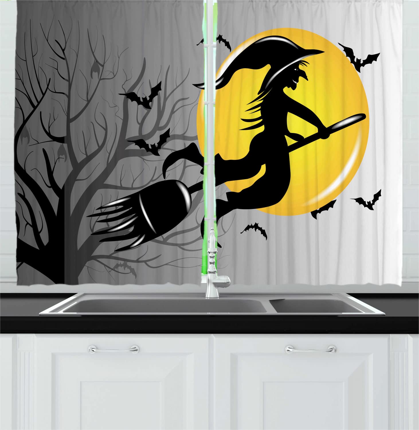 Ambesonne Halloween Kitchen Curtains - Flying Witch Silhouette with Bats & Moon, Grey Mustard Charcoal Drapes (55x45 Inch) | Spooky Decor for Halloween Party, Haunted House & Gothic Home Decor