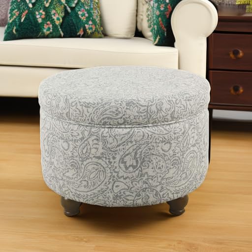 Homepop Round Upholstered Storage Ottoman - Gray Floral Fabric Footrest with Hidden Storage for Living Room & Bedroom | Perfect for Extra Seating & Home Organization