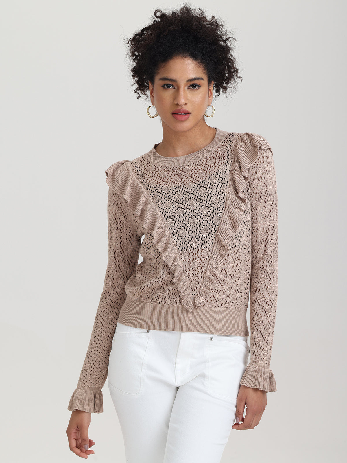 Frances: Women's Ruffle Trimmed Pointelle Sweater - Soft Knit Pullover for Casual Wear, Date Night & Office Outfits