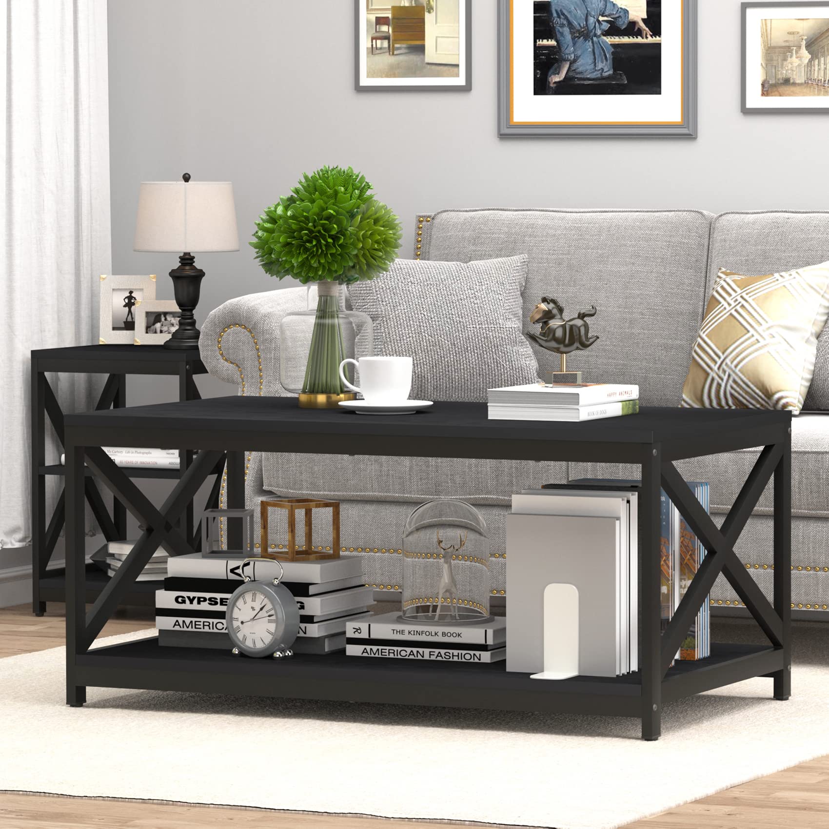 Bigbiglife 3-Piece Industrial X-Design Coffee Table Set with Storage - Coffee Table & 2 End Tables for Living Room, Apartment, Home Decor (Black) | Perfect for Small Spaces, Modern Furniture & Storage Solutions