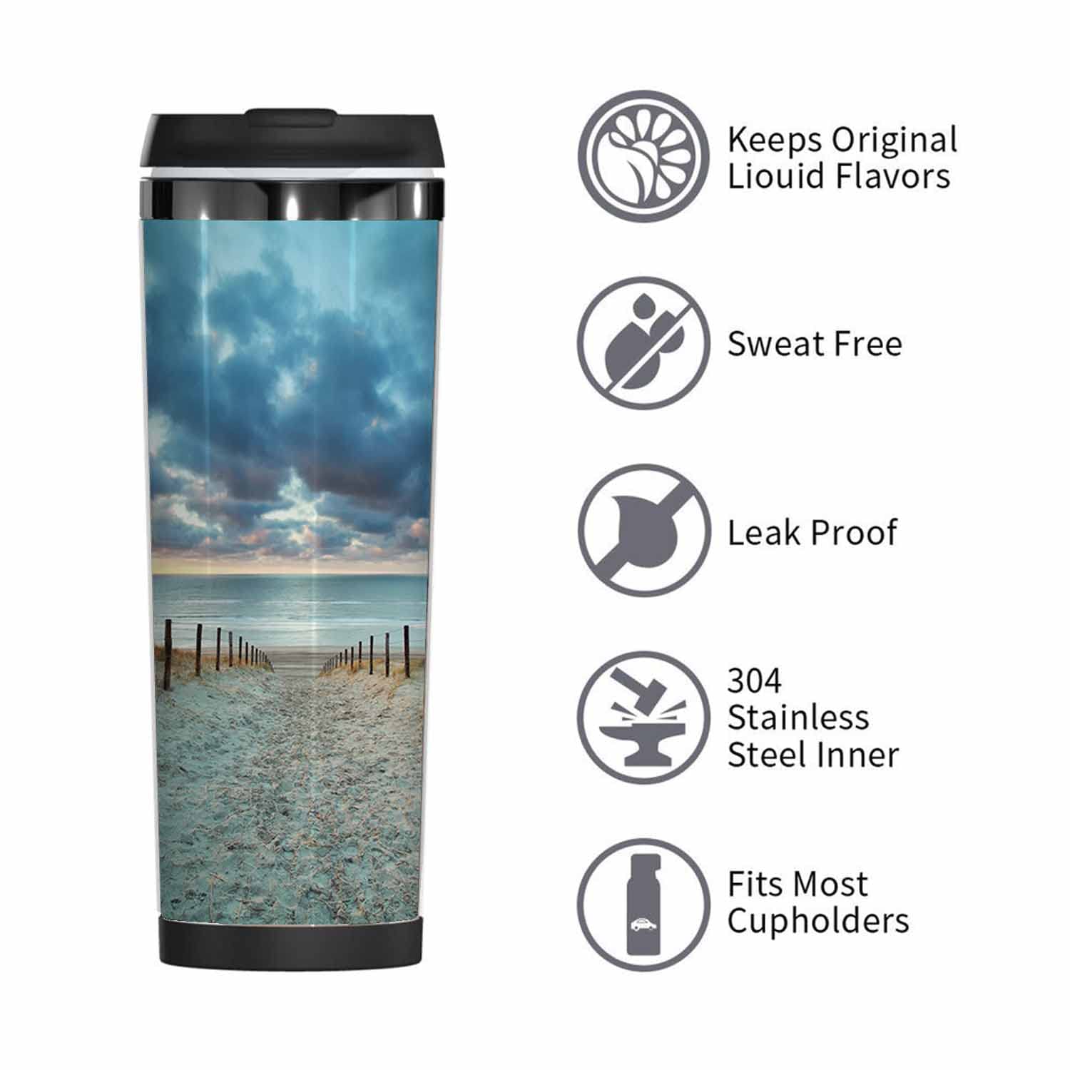WONDERTIFY Insulated Stainless Steel Travel Mug - Double Wall Vacuum Coffee Cup for Hot & Cold Drinks - North Sea Beach Netherlands Design - Perfect for Commuting, Camping & Outdoor Adventures
