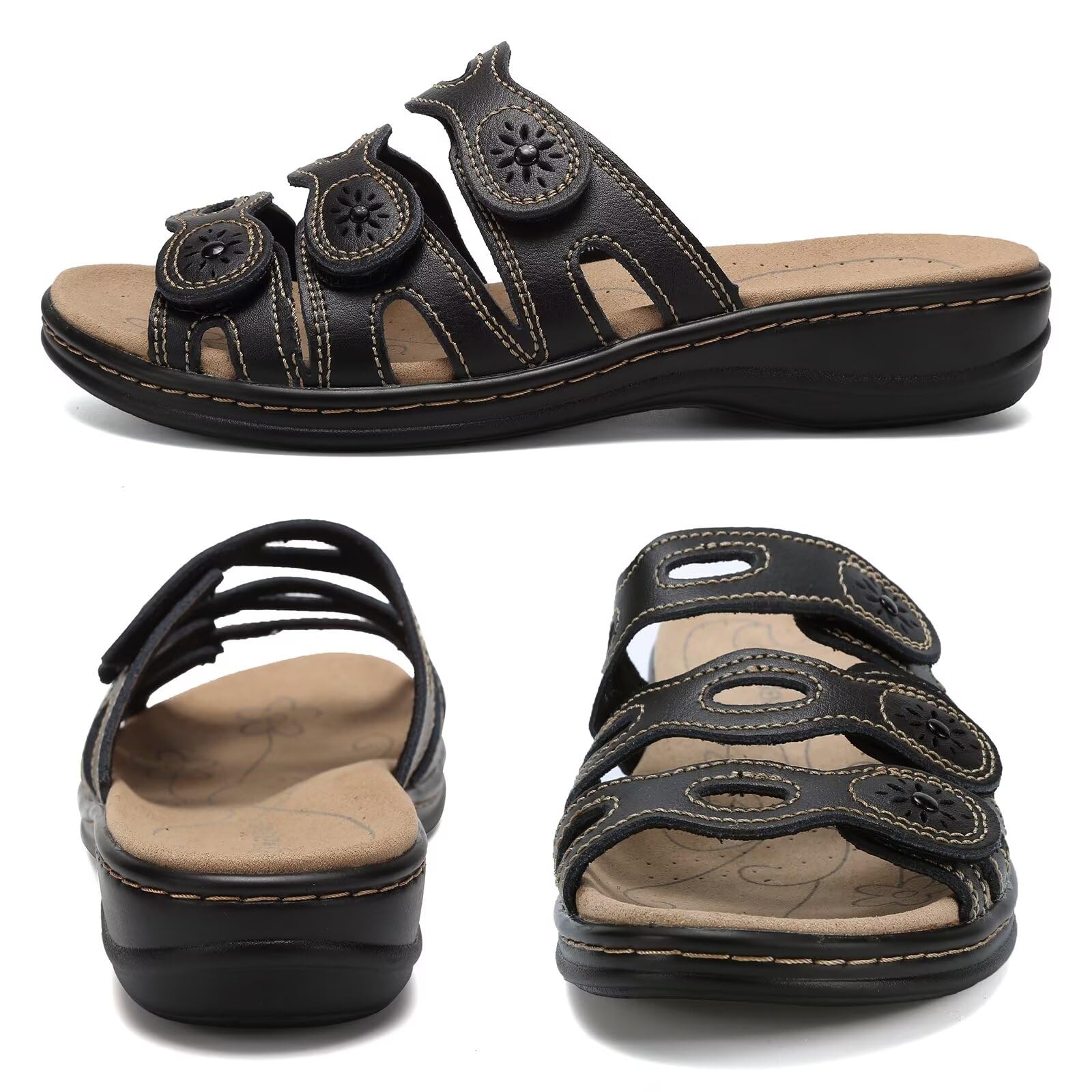 Women's Classic Leather Sandals with Arch Support - Adjustable Hook & Loop Straps Slip-On Casual Shoes for Outdoor Walking, Travel & Summer Comfort