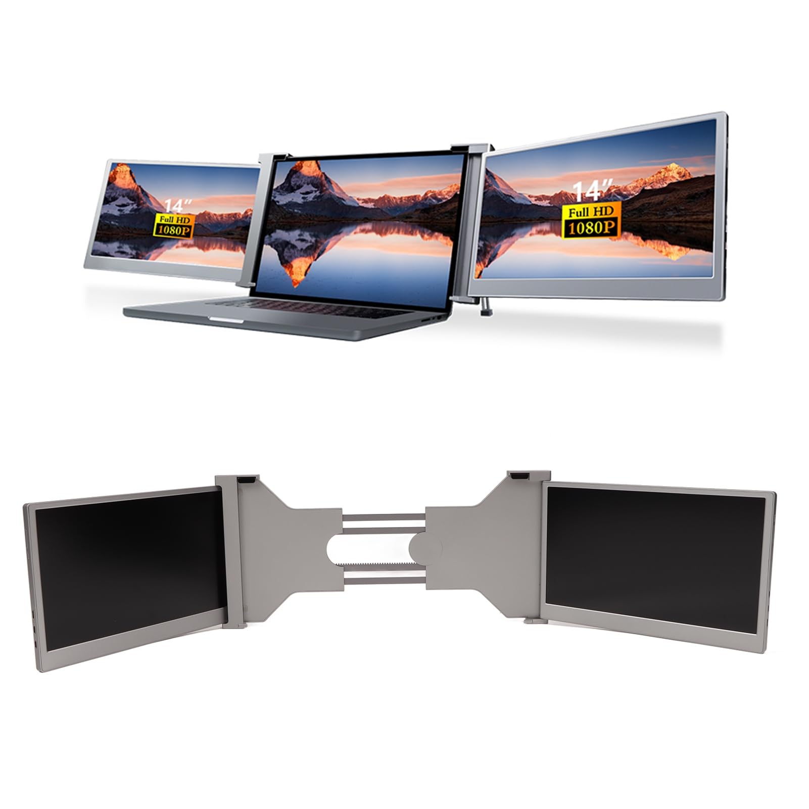 14in Triple Portable Monitor - HDR Laptop Extender with Retractable Stand | 1080P IPS Dual Screen Display for Switch, Chrome, Windows & Linux (Space Grey) | Perfect for Gaming, Coding & Multi-Tasking Workspaces