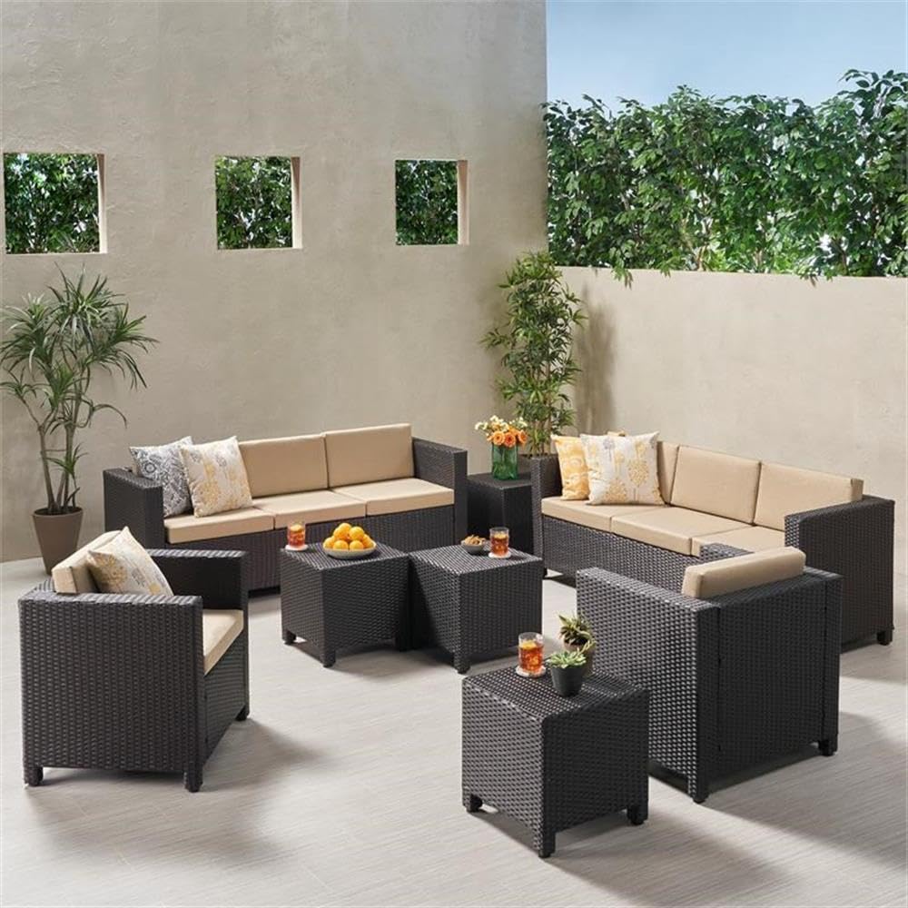Noble House Puerta Outdoor 8-Piece Patio Conversation Set with 2 Side Tables - Weather-Resistant Brown Wicker Furniture for Garden, Poolside or Backyard Relaxation