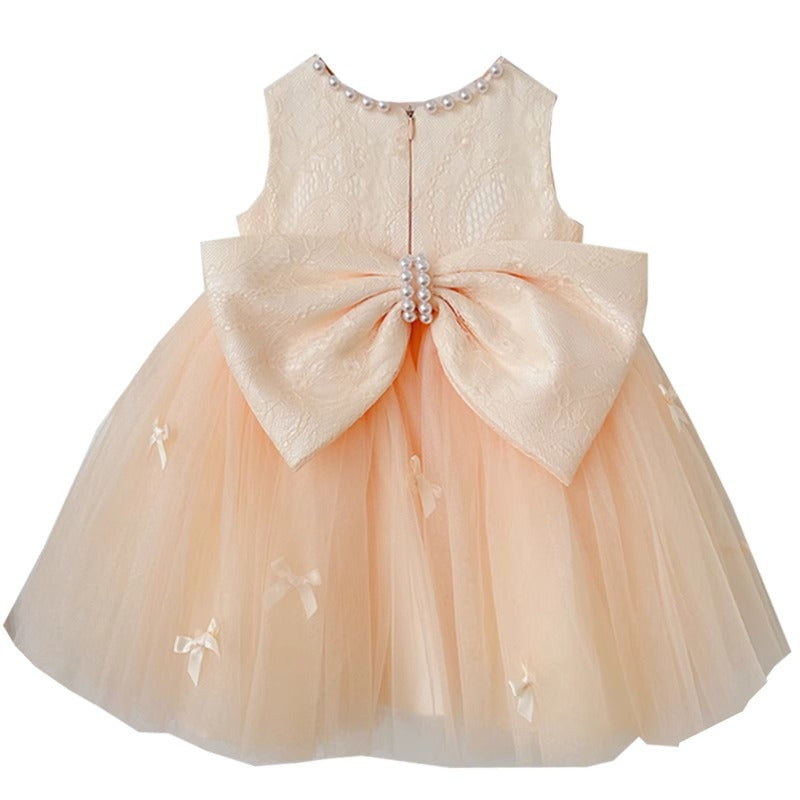 Adorable Baby Champagne Bow Fluffy Gauze Dress - Toddler Girls' Birthday Party Outfit for Special Occasions & Photo Shoots