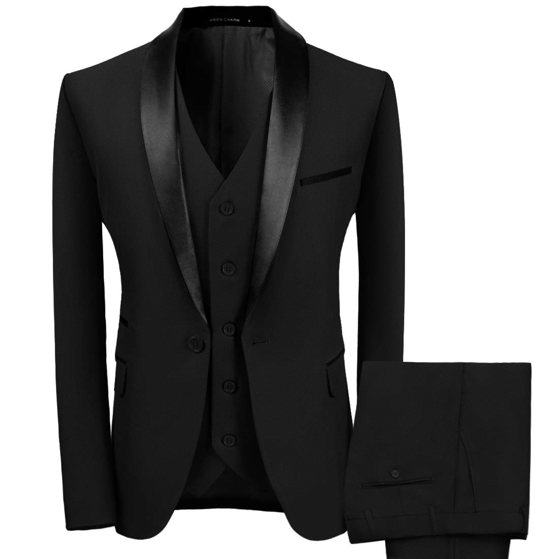 WEEN CHARM Men's 3-Piece Slim Fit Tuxedo Suit - Shawl Lapel One Button Wool Dinner Jacket with Vest & Pants | Formal Wear for Weddings, Prom & Black Tie Events