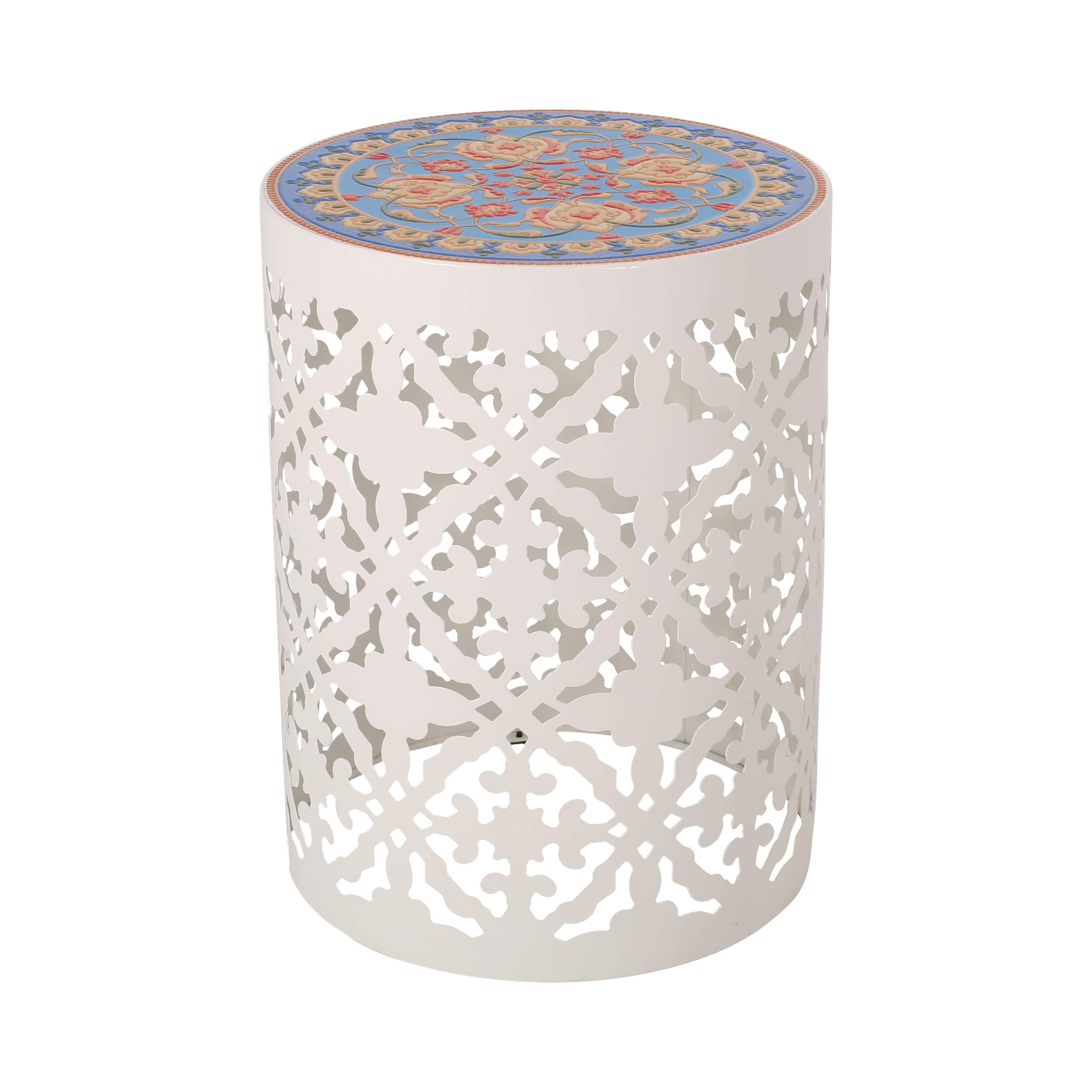 Christopher Knight Home Joshua Outdoor Lace Cut Side Table with Tile Top - White - Perfect for Patio, Garden, and Poolside Decor