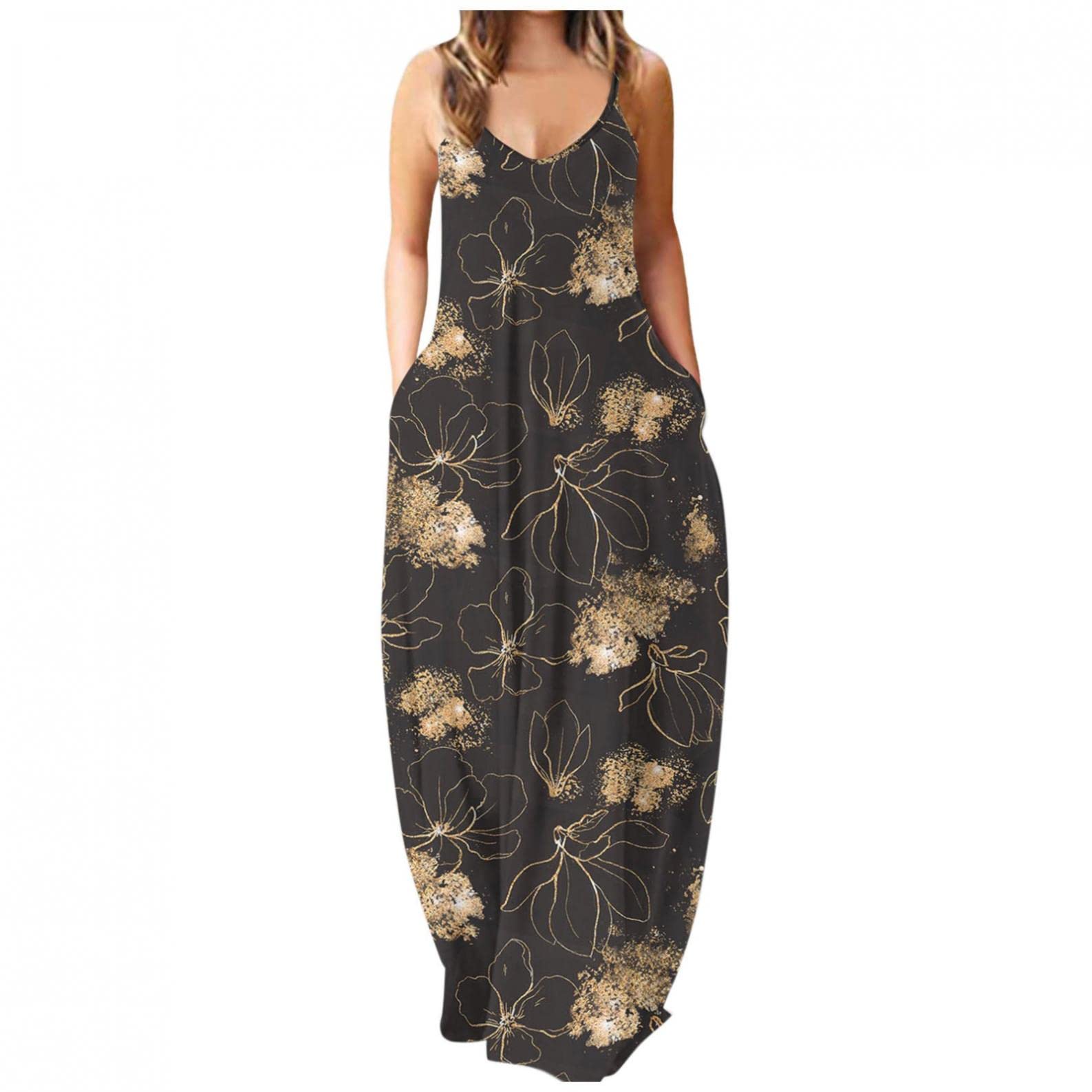 Oiumov Women's Sexy Spaghetti Strap Floral Print Long Maxi Sundress with Pockets - Summer Beach Dress for Vacation, Party & Casual Wear