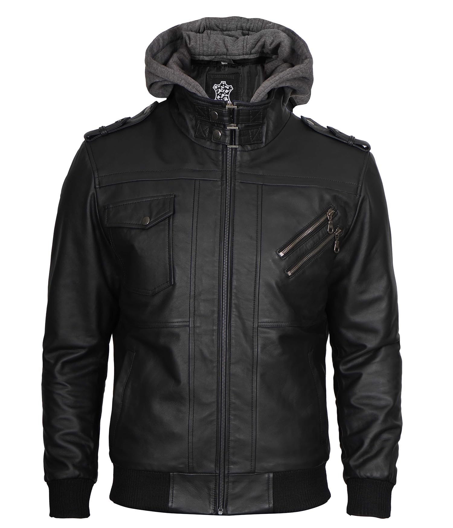 Genuine Leather Bomber Jacket for Men - Motorcycle & Casual Wear with Removable Hood - Stand Collar Biker Jacket for Riding, Travel & Everyday Fashion