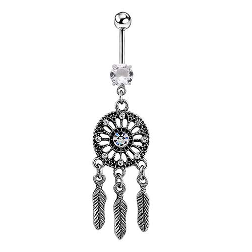 FEZDA Women's Body Piercing Jewelry Set - Crystal Rhinestone Dream Catcher Belly Button Ring, Nose Ring, Earring & Lip Ring - Hypoallergenic Stainless Steel Navel Bar - Perfect Gift for Women & Teens - Great for Parties, Festivals & Everyday Wear