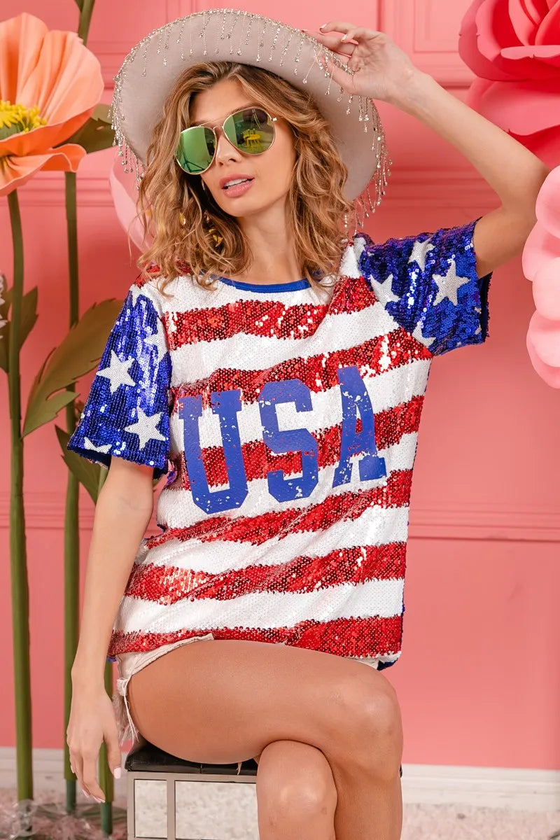 BiBi American Flag Sequin Top with USA Lettering - Patriotic Party Outfit for 4th of July, Independence Day & National Celebrations