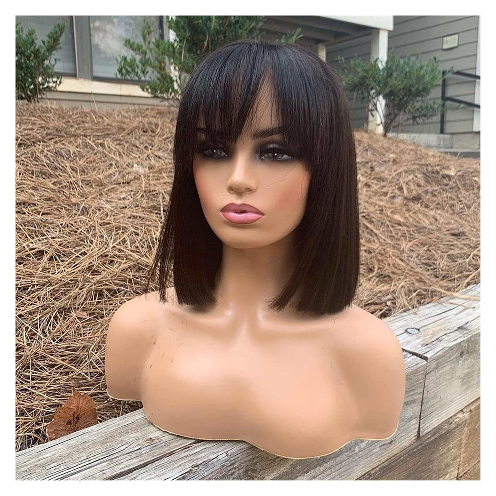 Brazilian Straight Bob Wig - 100% Human Hair, Natural Color, No Lace, Short Bob with Fringe | Freetress Wigs for Women (Color 15/60, 10in Length) | Perfect for Daily Wear, Cosplay, and Special Occasions