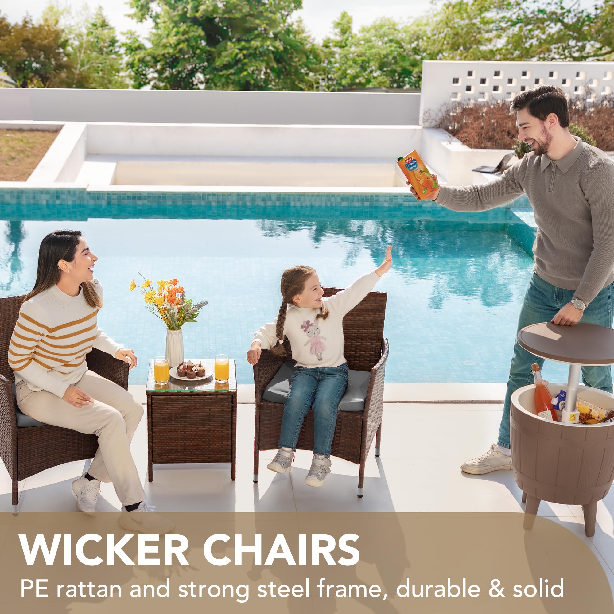 Devoko 3-Piece PE Rattan Wicker Patio Furniture Set with Table - Outdoor Garden Chairs for Porch, Deck, Backyard (Brown/Grey) - Perfect for Relaxing, Entertaining & Enjoying Sunny Days