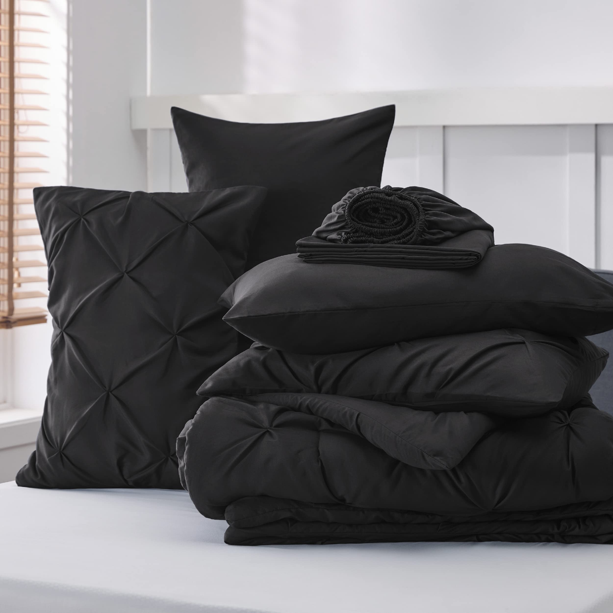 Bedsure King Size Comforter Set - 7 Piece Black Pinch Pleat Bedding Set with Sheets, Pillowcases & Shams | Ultra Soft GentleSoft™ Pintuck Design | Luxury Bed in a Bag for Master Bedroom, Guest Room & Dorm | Perfect Gift for Family & Friends