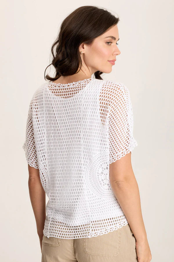 Crochet Lace Center Tee - Women's White Summer Top for Casual Wear & Beach Outfits