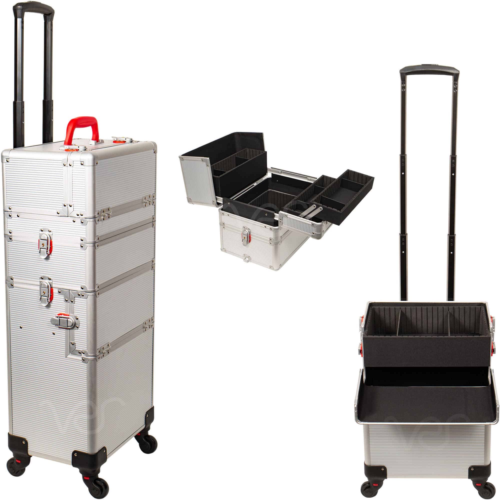 HIKER 2-in-1 Professional Makeup Rolling Case & Hair Stylist Organizer - 3 Slide Compartments, Removable Tray, 4-Wheel Spinner with Lock, Built-in Mirror & Shoulder Strap - Silver Matte | Perfect for Salon Professionals & Mobile Makeup Artists