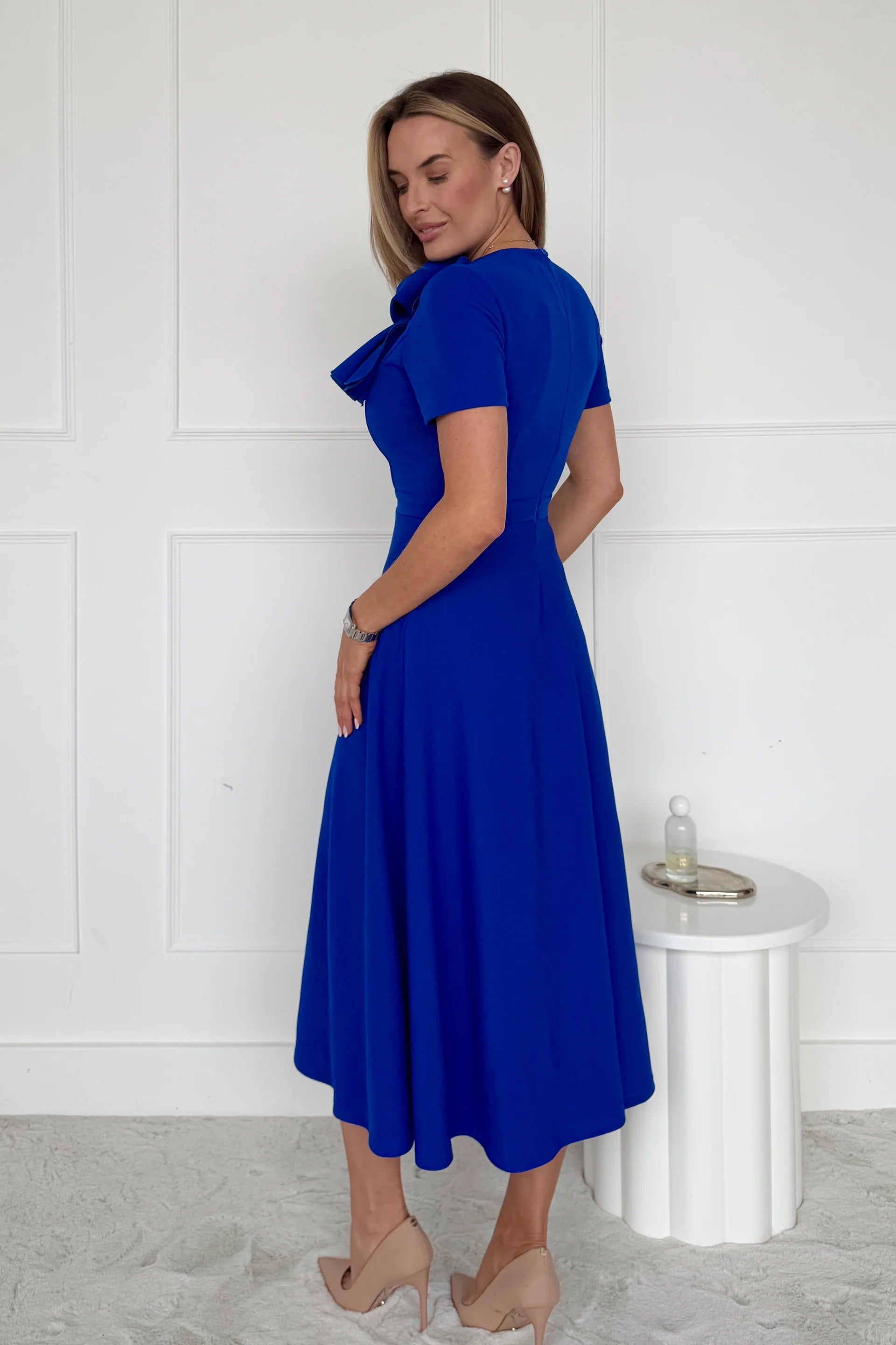 Minta Bow Detail Midi Dress for Women - Elegant Cobalt Blue Flowy Summer Dress for Weddings, Parties & Date Nights