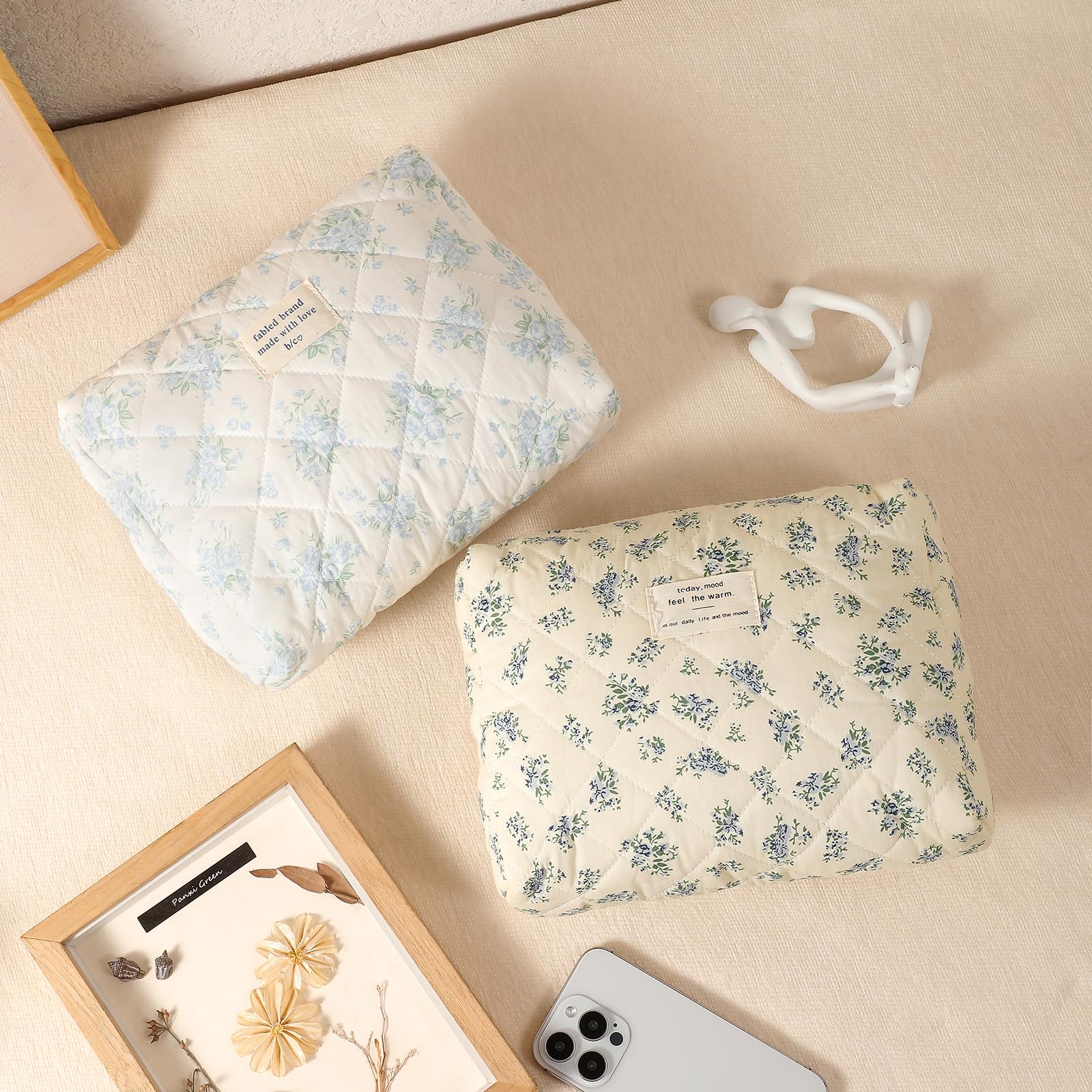 Quilted Cotton Makeup Bag 2PCS - Large Soft Floral Travel Cosmetic & Toiletry Organizer for Women & Girls (Blue Flower) | Perfect for Travel, Gym, and Daily Beauty Essentials Storage
