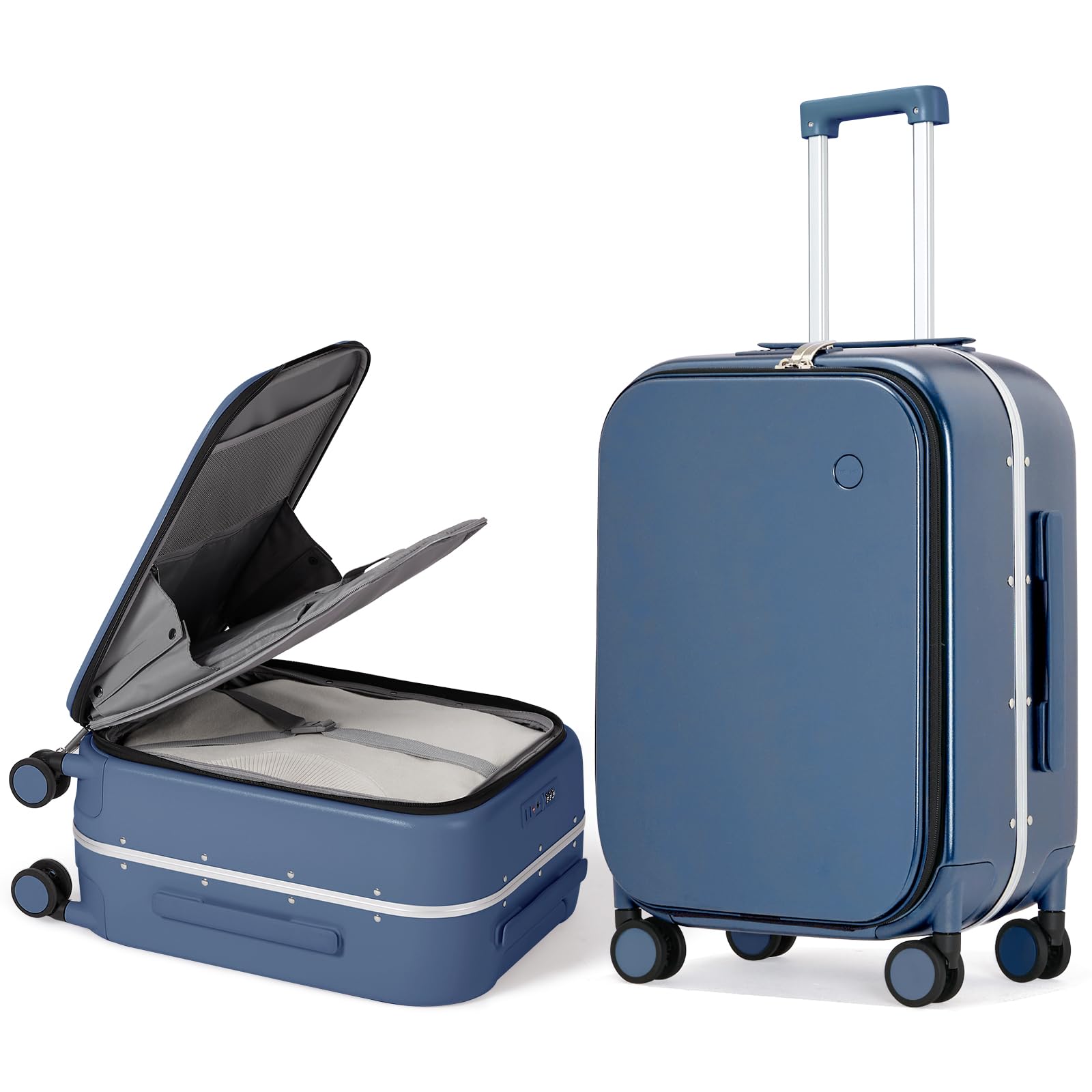 Mixi 20'' Aluminum Frame Carry On Luggage with Front Laptop Pocket, TSA Lock & Spinner Wheels - Hardside PC Suitcase for Business Travel & Weekend Getaways (Sapphire Blue)