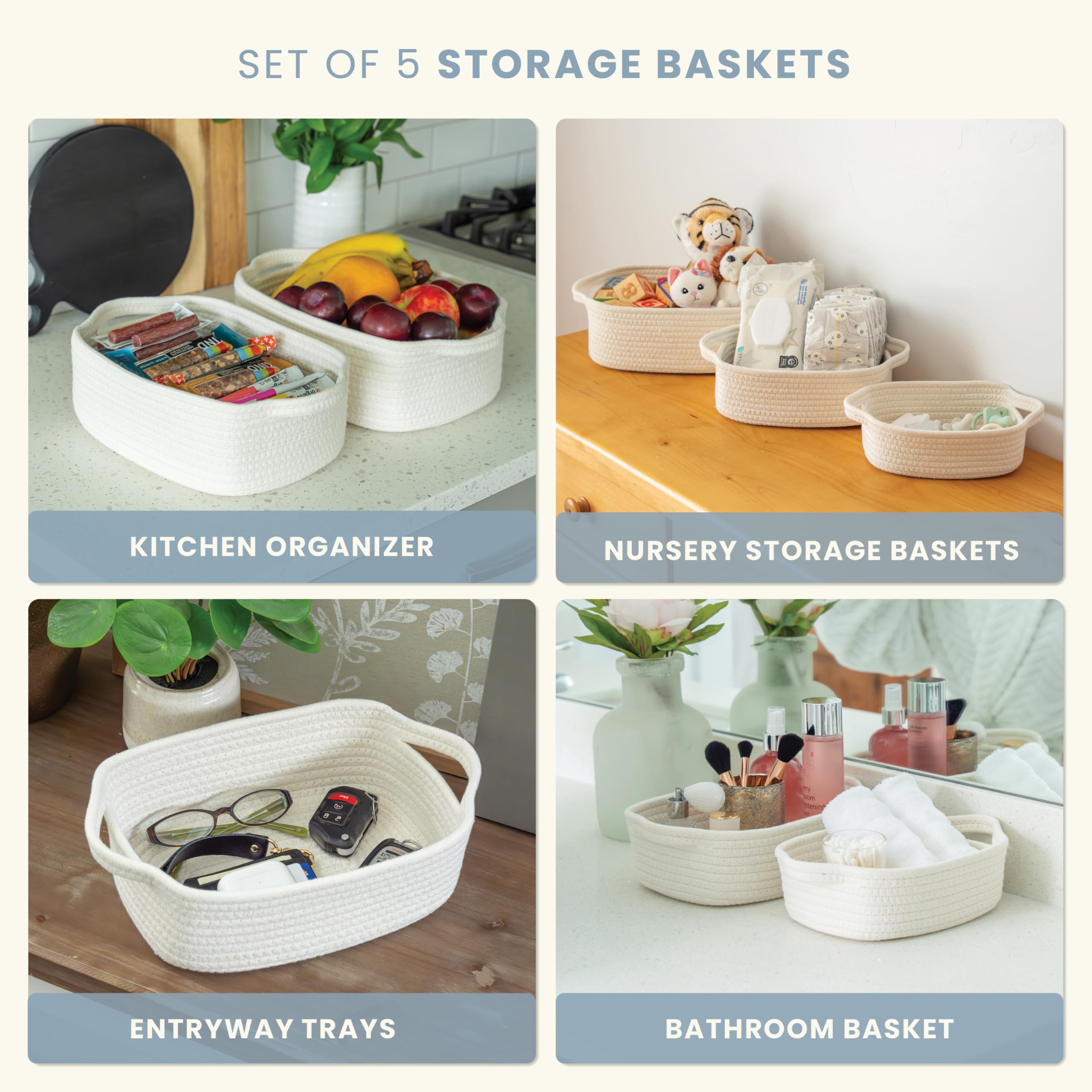 OrganiHaus Set of 5 White Woven Storage Baskets - Rectangle Bathroom & Nursery Organizer Bins, Small Rope Baskets for Home Organization | Perfect for Bathroom Essentials, Baby Items & Closet Storage
