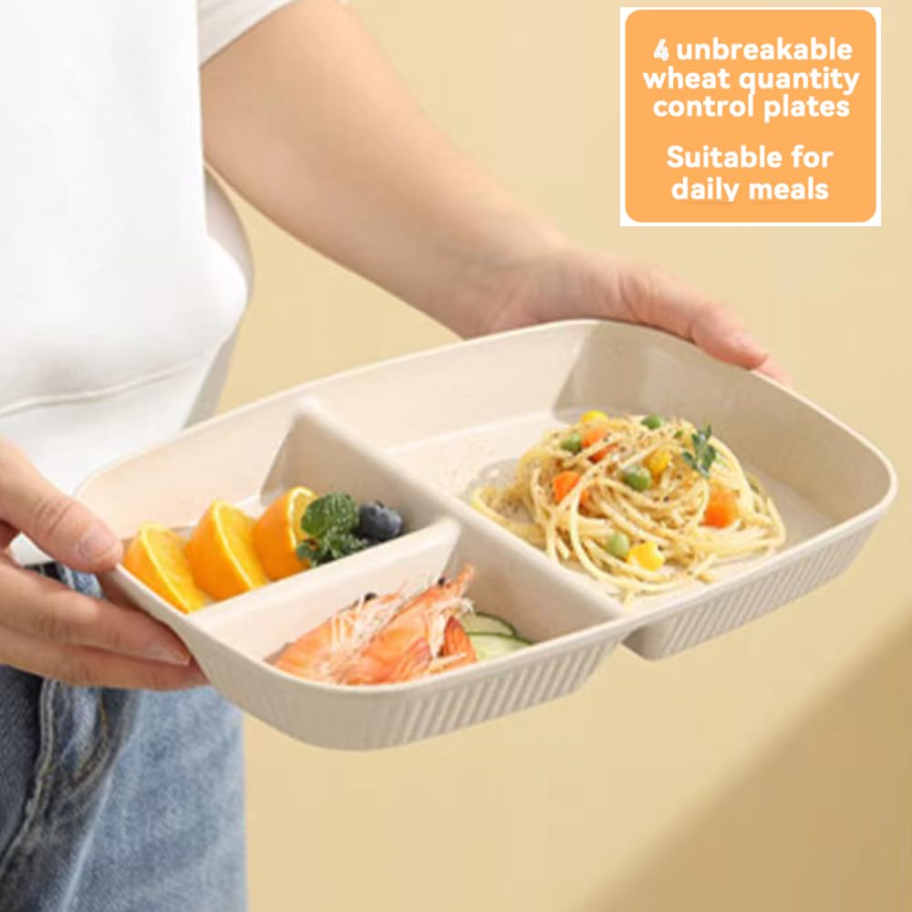 10.5 Inch Divided Plates for Adults - 3 Compartment Portion Control Bariatric Plates | Wheat Straw, Unbreakable & Reusable | BPA Free (4-Pack) | Perfect for Meal Prep, Weight Management & Healthy Eating